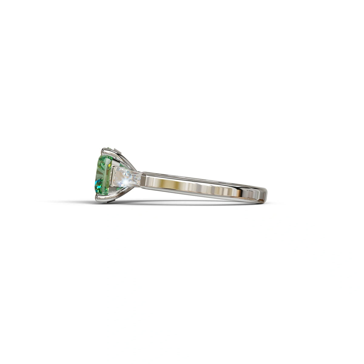 3 Carat Green Cushion & Tapered Baguette Three Stone Engagement Ring