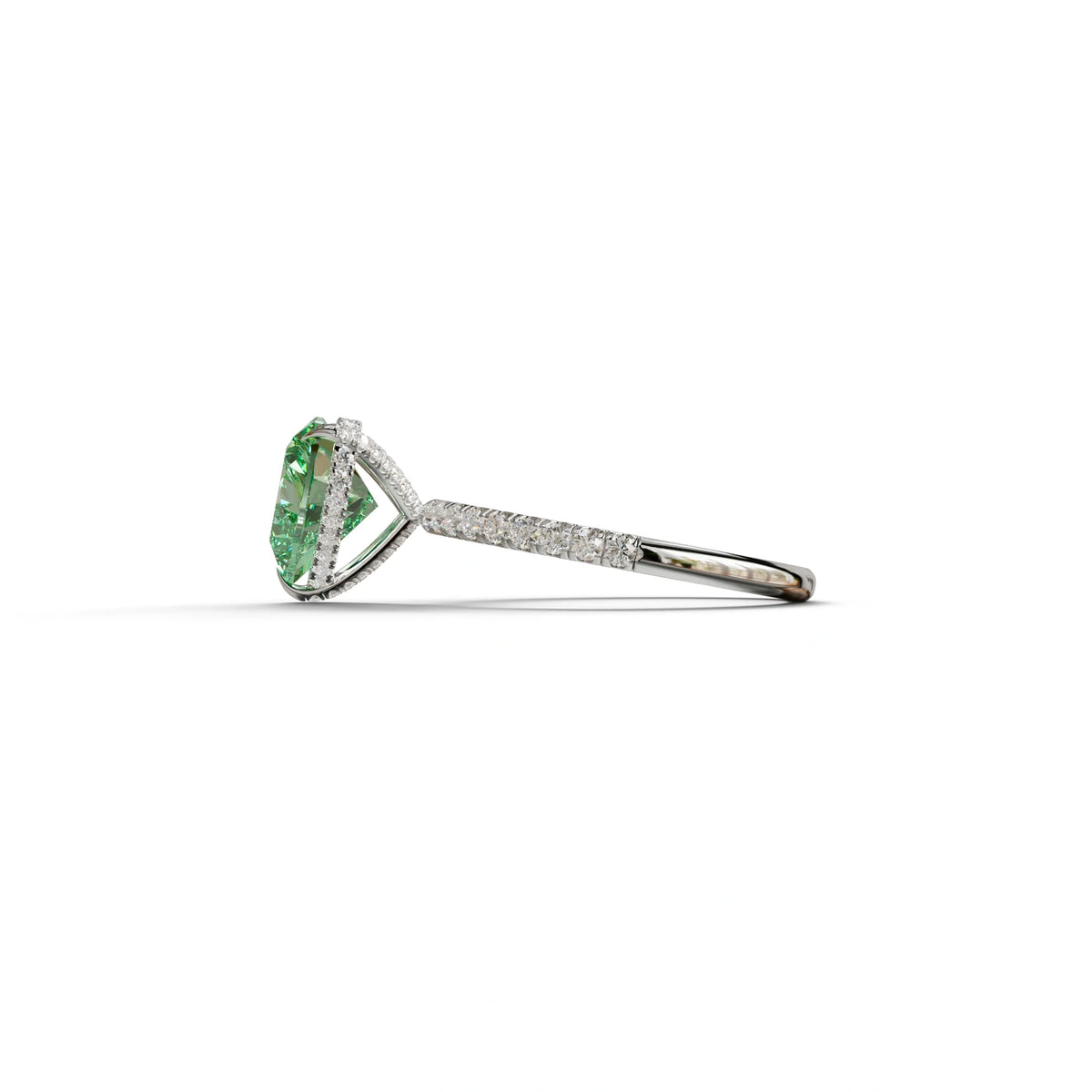 Green 3 Carat Heart Cut Hidden Halo & Pavé Setting Engagement Ring