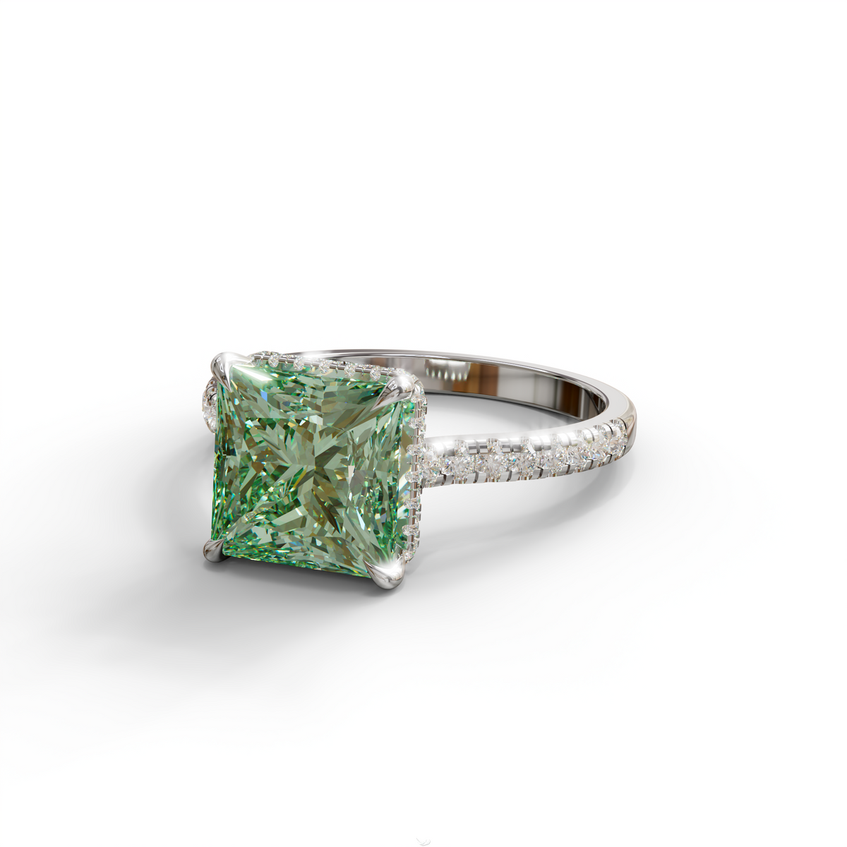 3 Carat Fancy Green Princess Cut Hidden Halo Lab Grown Diamond Engagement Ring