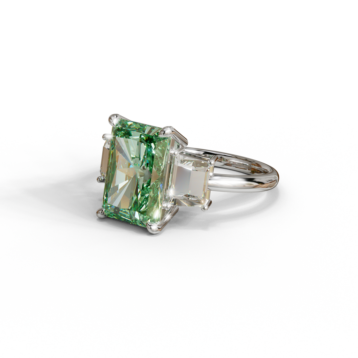 4 Carat Green Radiant & Trapezoid Three Stone Engagement Ring - Embrace
