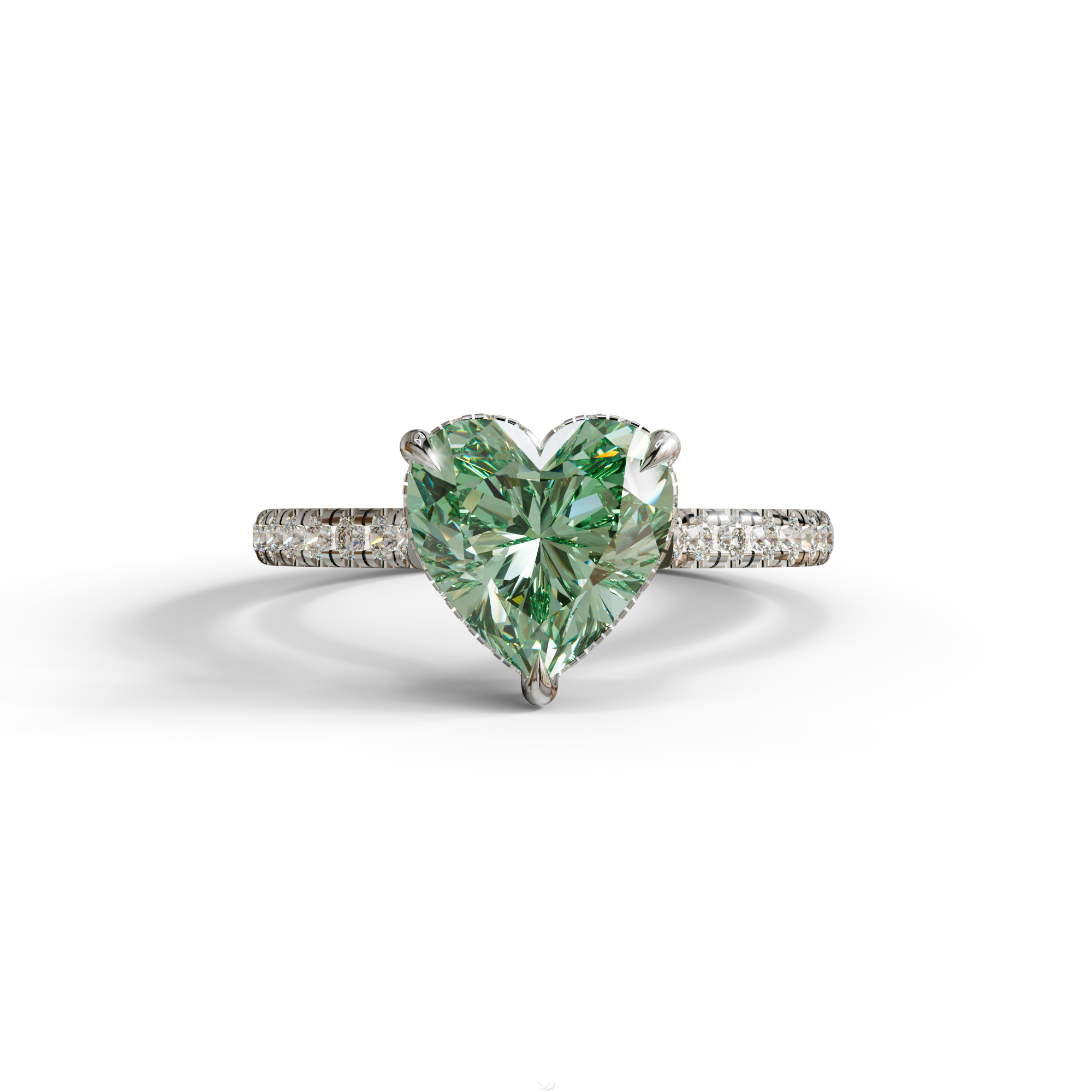 Fancy Vivid Green Heart Cut Lab Diamond Ring – Pavé Band | 10K 14K 18K Gold & Platinum - 10K Solid Gold / White Gold