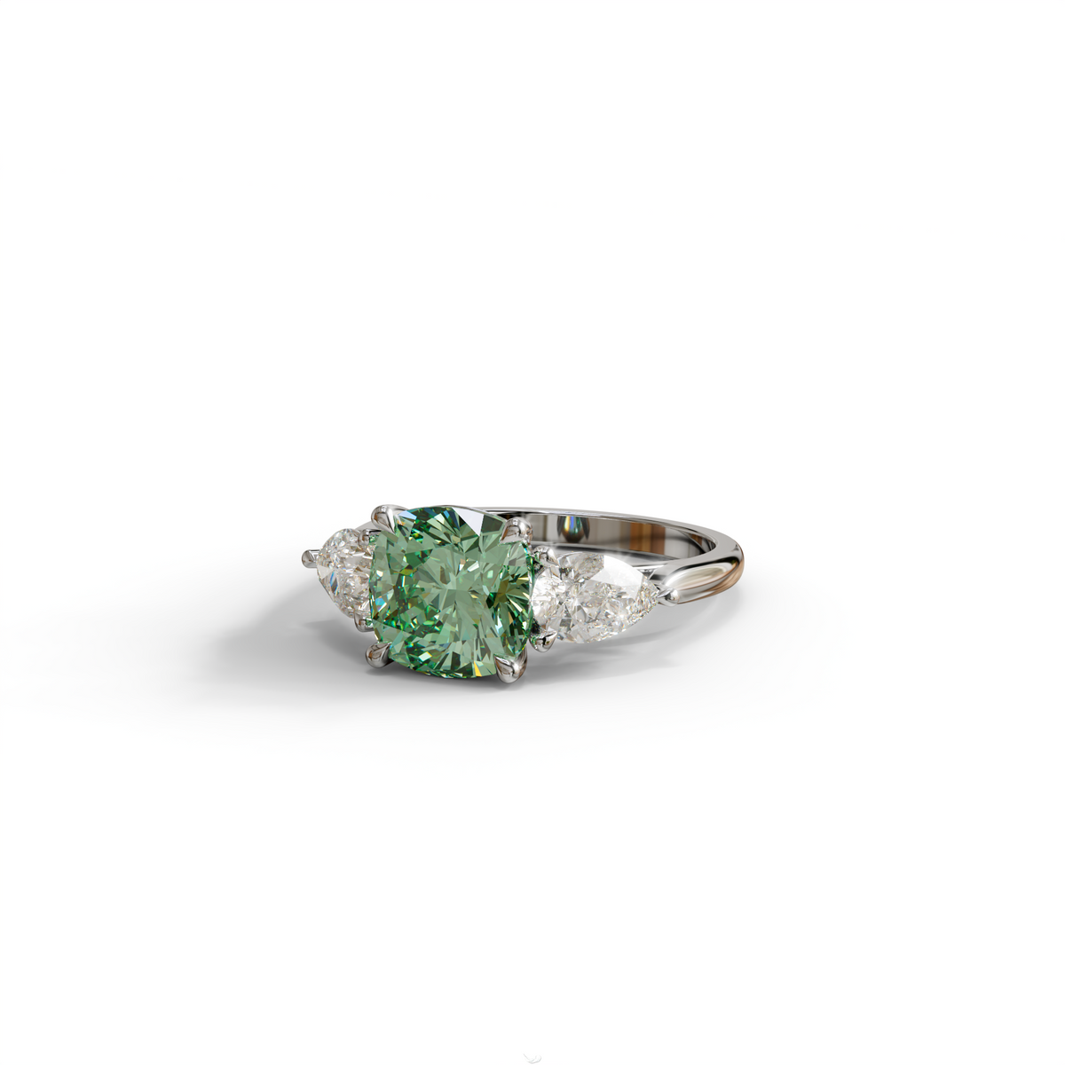 3 Ct Green Cushion Cut Lab Diamond In 3 Stones Claw Prongs Setting Ring