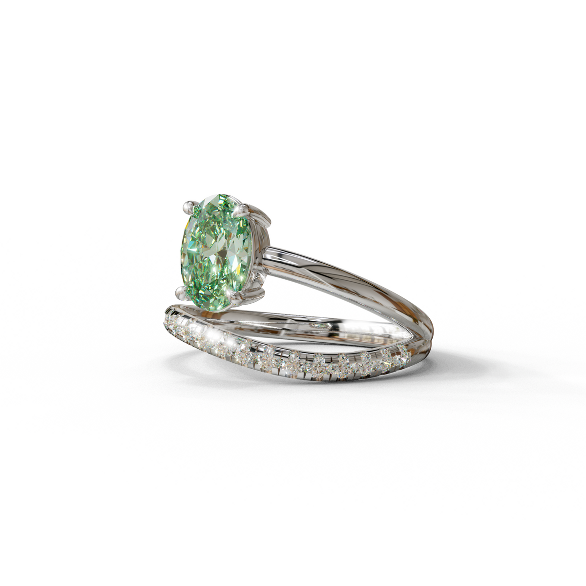 1.5 Carat S-Curve Green Oval Diamond Pave-set Diamond Ring - Bypass