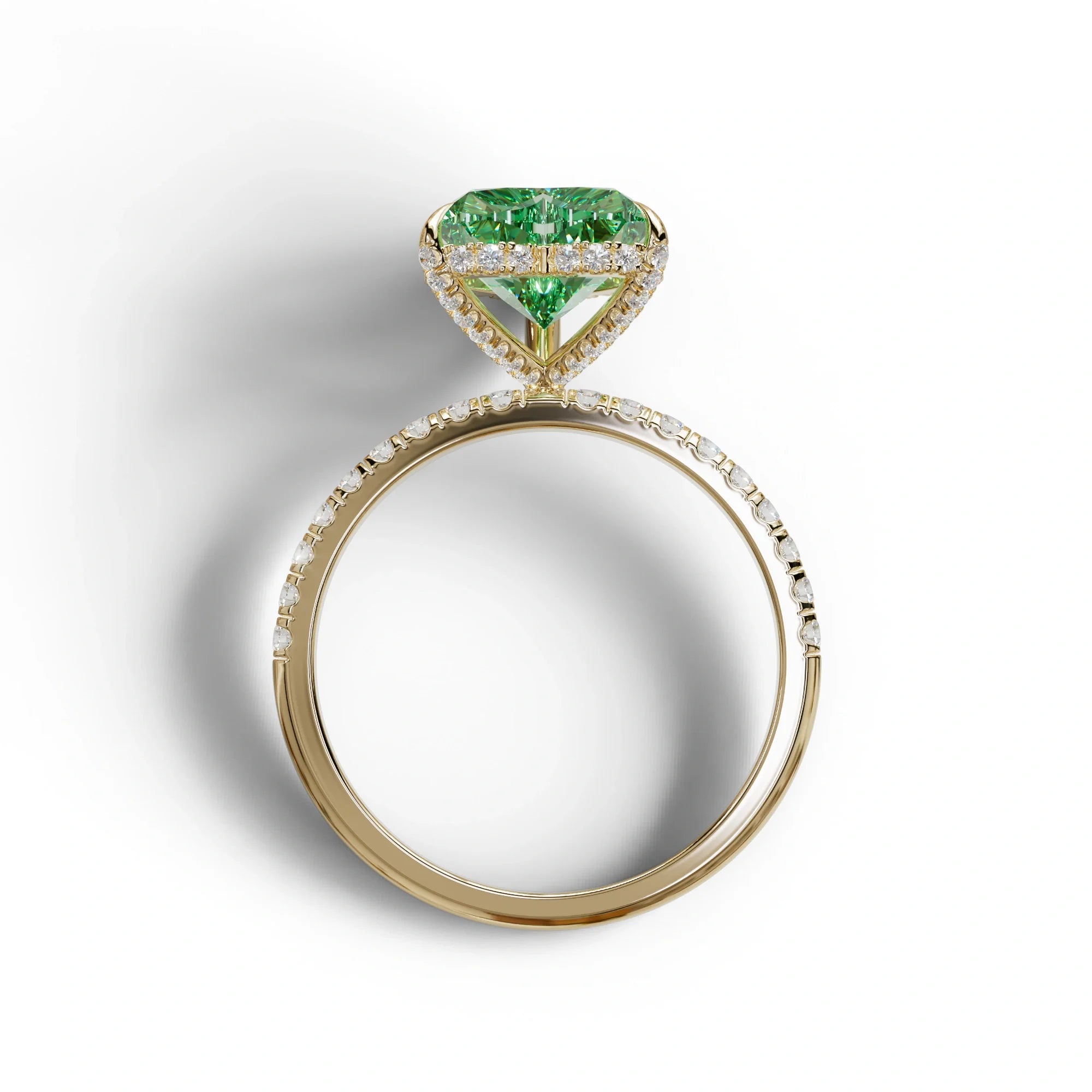 Green 3 Carat Heart Cut Hidden Halo & Pavé Setting Engagement Ring