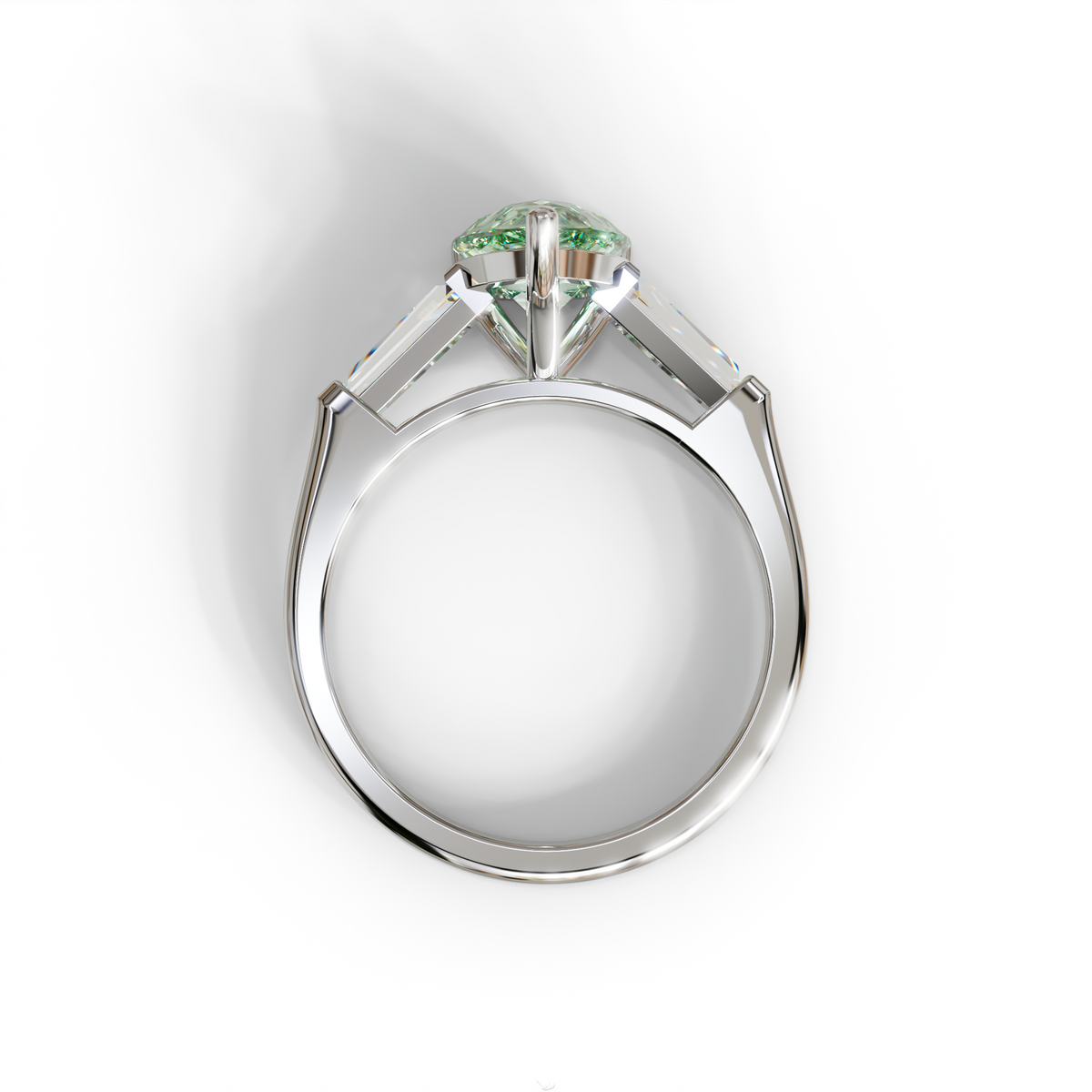 3 Carat Pear Cut Green Lab Diamond Ring 3 Stone Design - Bella