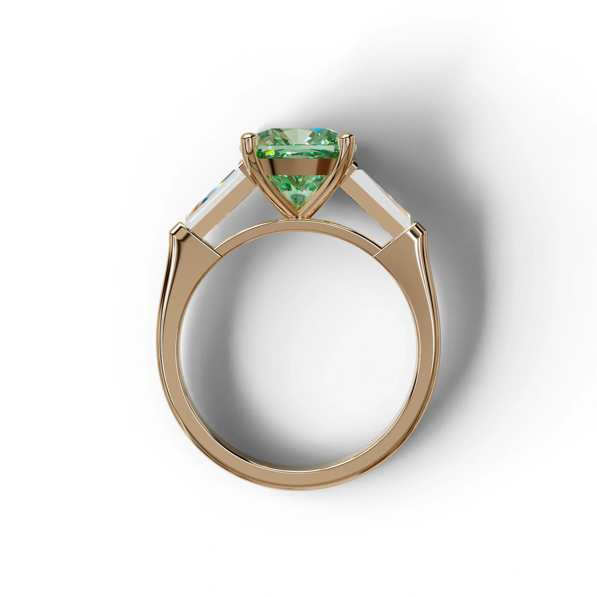 3 Carat Green Cushion & Tapered Baguette Three Stone Engagement Ring