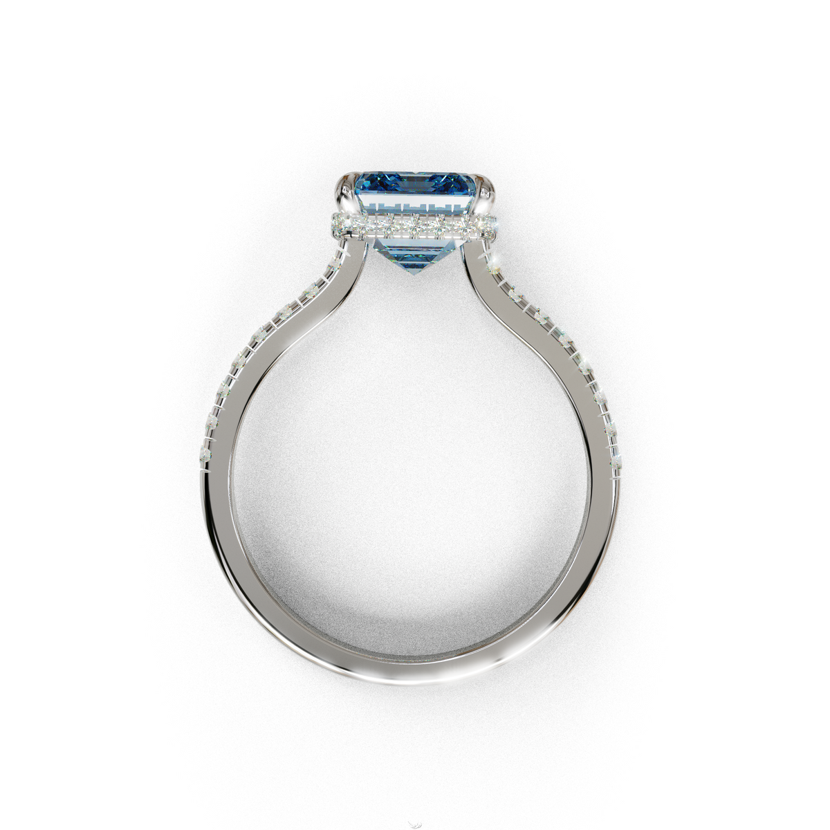 2.5 Ct Blue Emerald Cut Lab Diamond In Hidden Halo & Pave Setting Ring - Siena