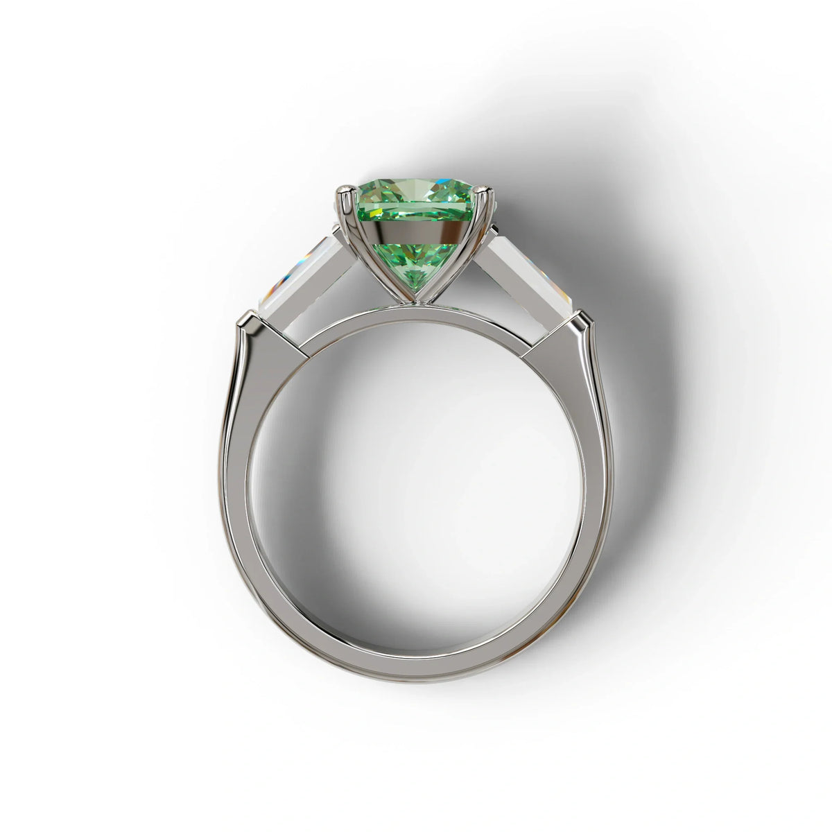 3 Carat Green Cushion & Tapered Baguette Three Stone Engagement Ring
