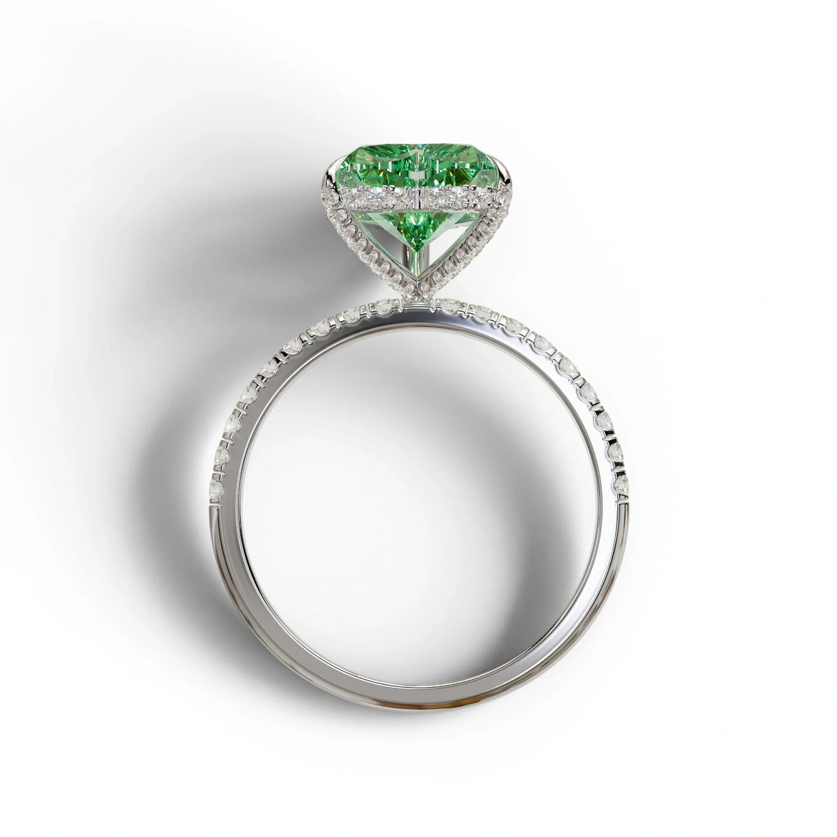 Green 3 Carat Heart Cut Hidden Halo & Pavé Setting Engagement Ring