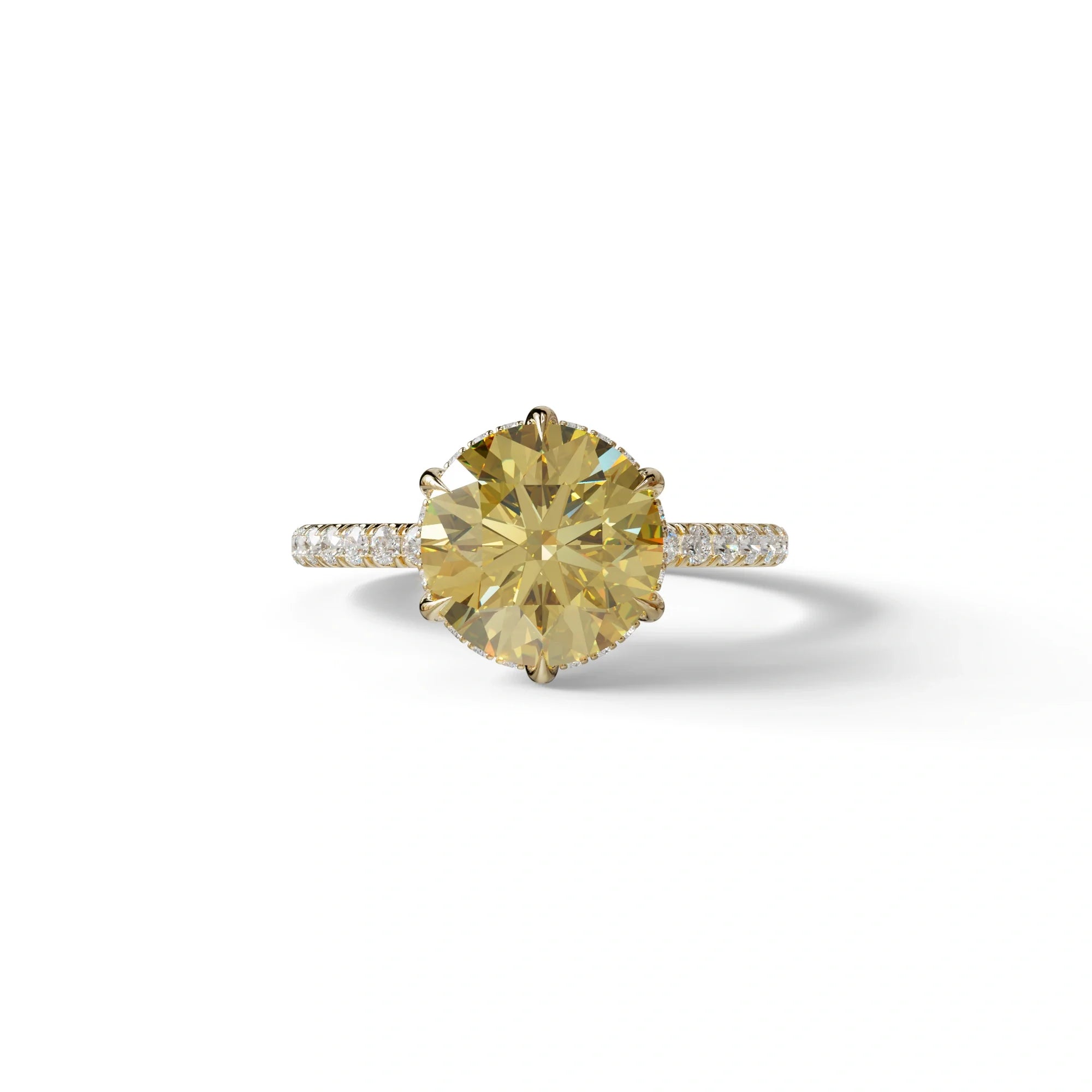 2.5 Carat Yellow Round Cut Hidden Halo & Pave Lab Diamond Ring - Hyper Saga - 10K Solid Gold / Yellow Gold