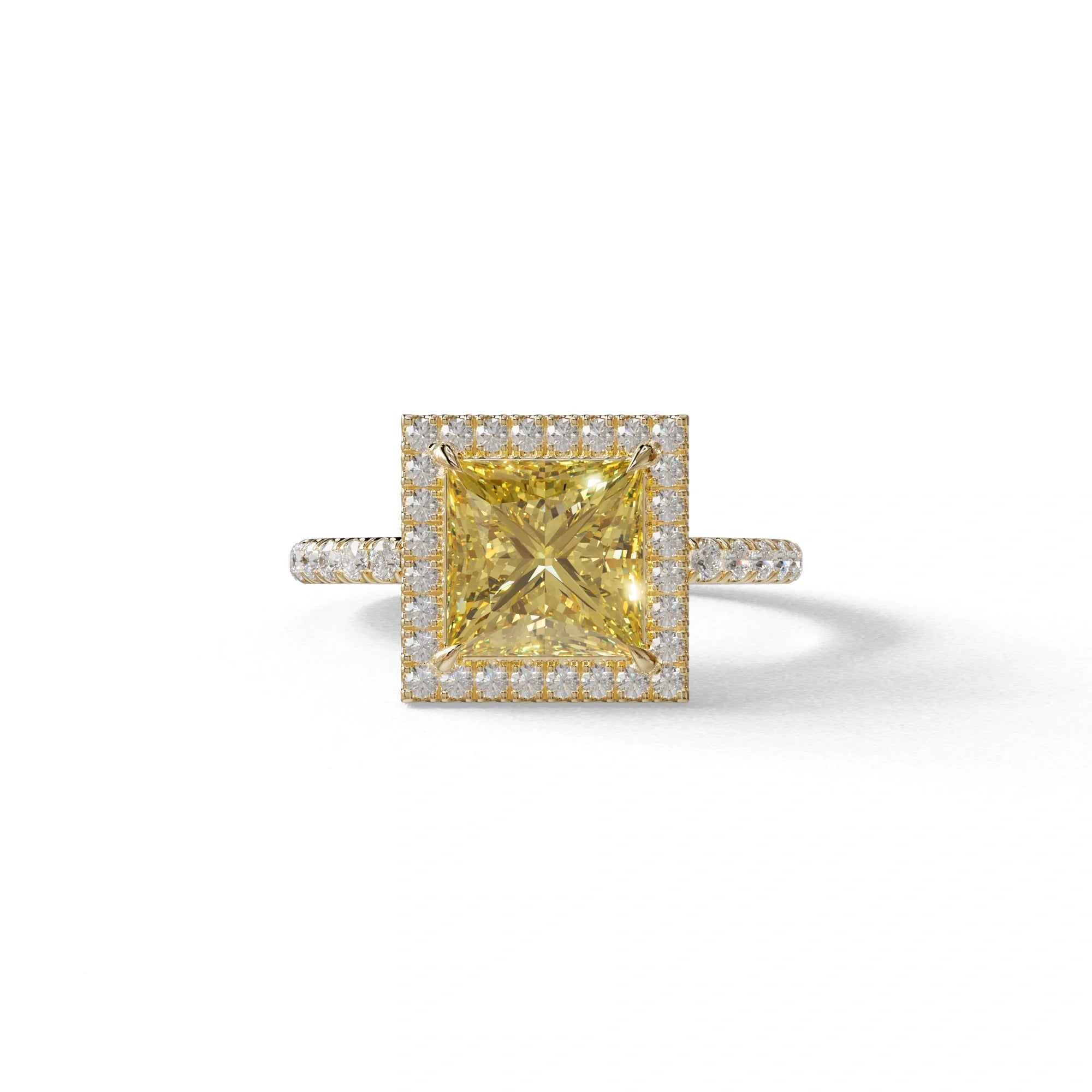 2 Carat Yellow Princess Cut Halo & Pave Lab Diamond Ring - Diamond Prime - 10K Solid Gold / Yellow Gold