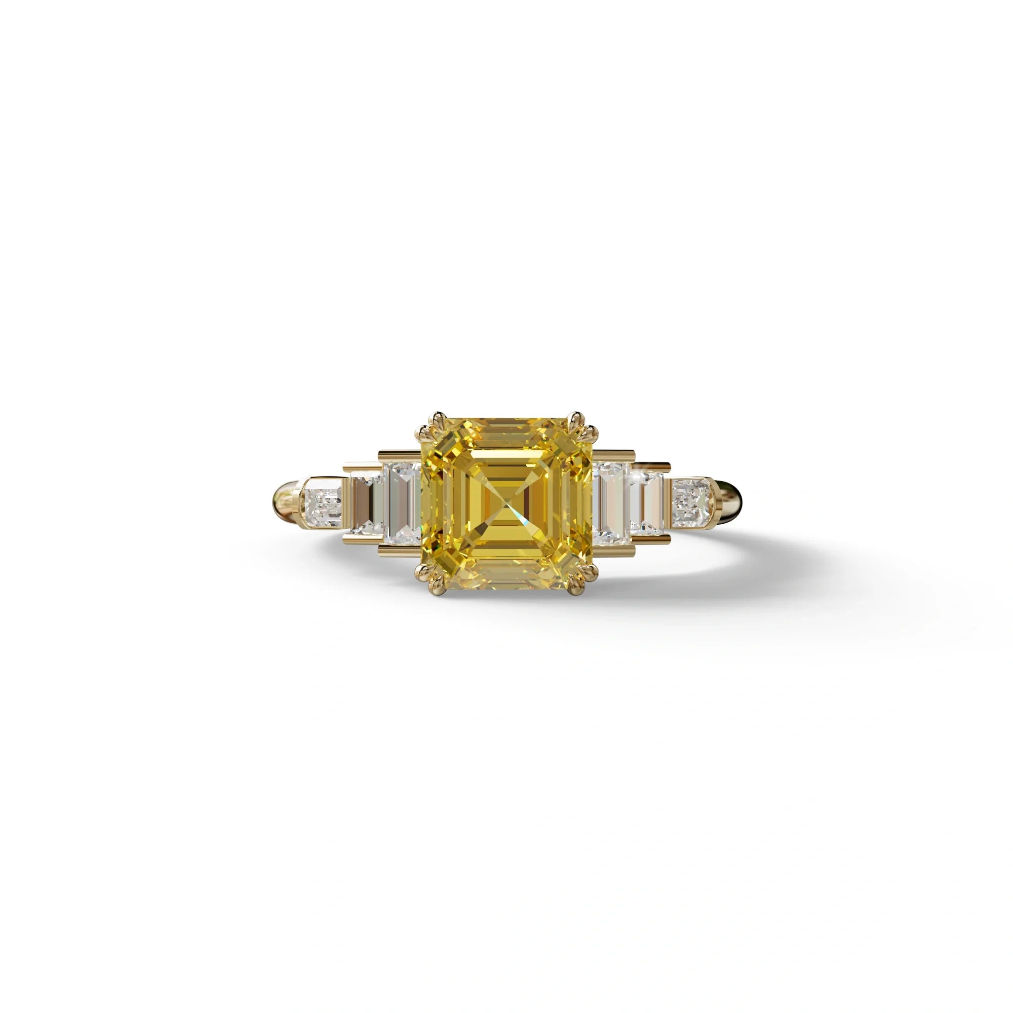 3 Carat Yellow Asscher Three Stone Lab grown Diamond Ring - Vetra - 10K Solid Gold / Yellow Gold
