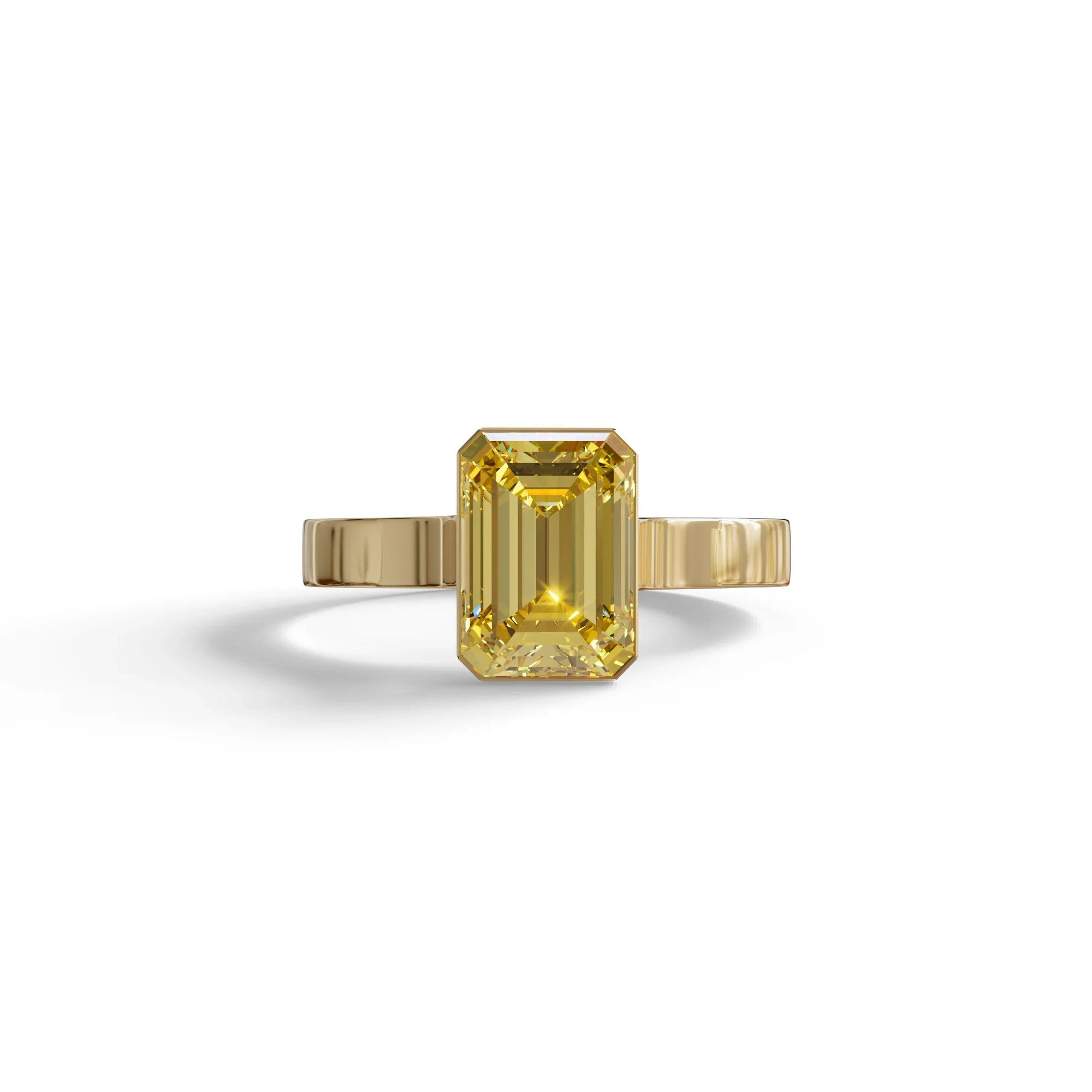 Fancy Vivid Yellow 3 Carat Emerald Cut Bezel Setting Lab Diamond Ring - Zelora - 10K Solid Gold / Yellow Gold