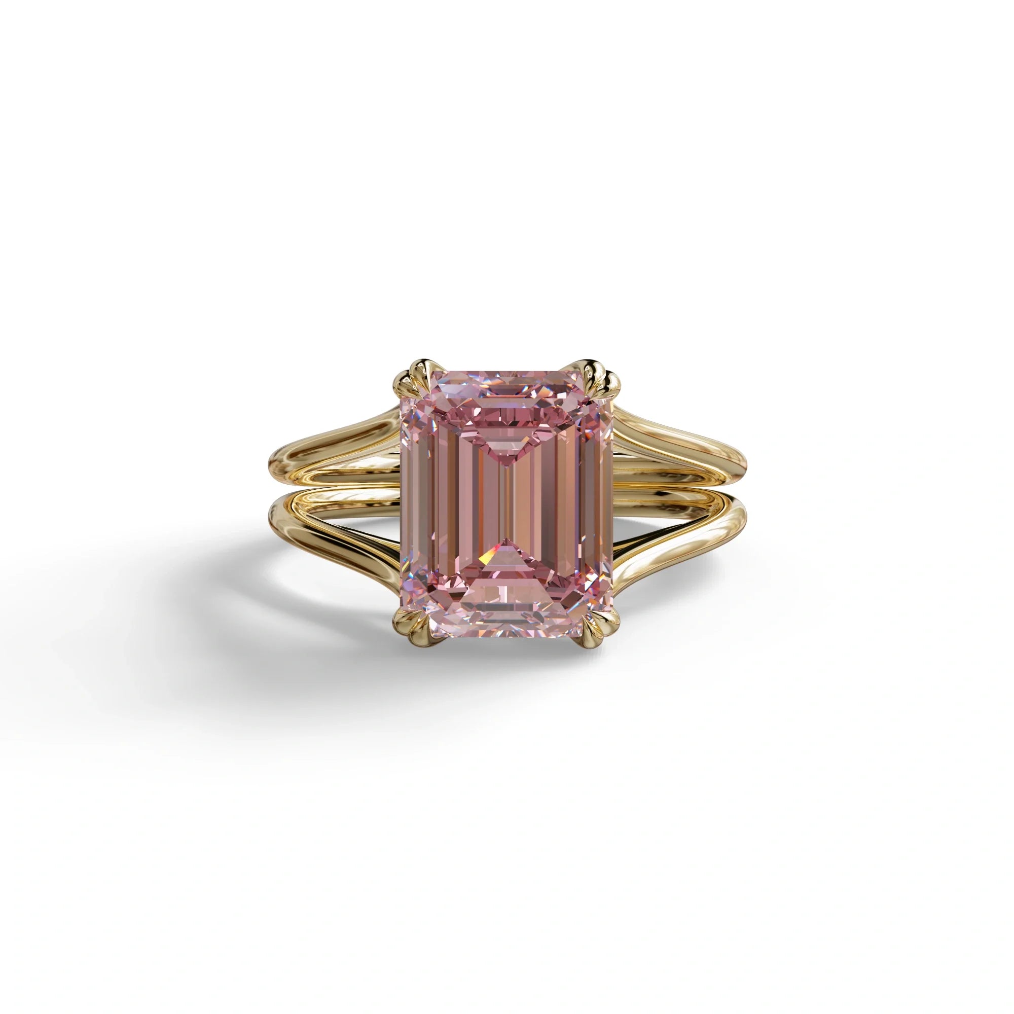 4 Carat Fancy Intense Pink Emerald Cut Lab Grown Diamond Engagement Ring - Tesira - 10K Solid Gold / Yellow Gold