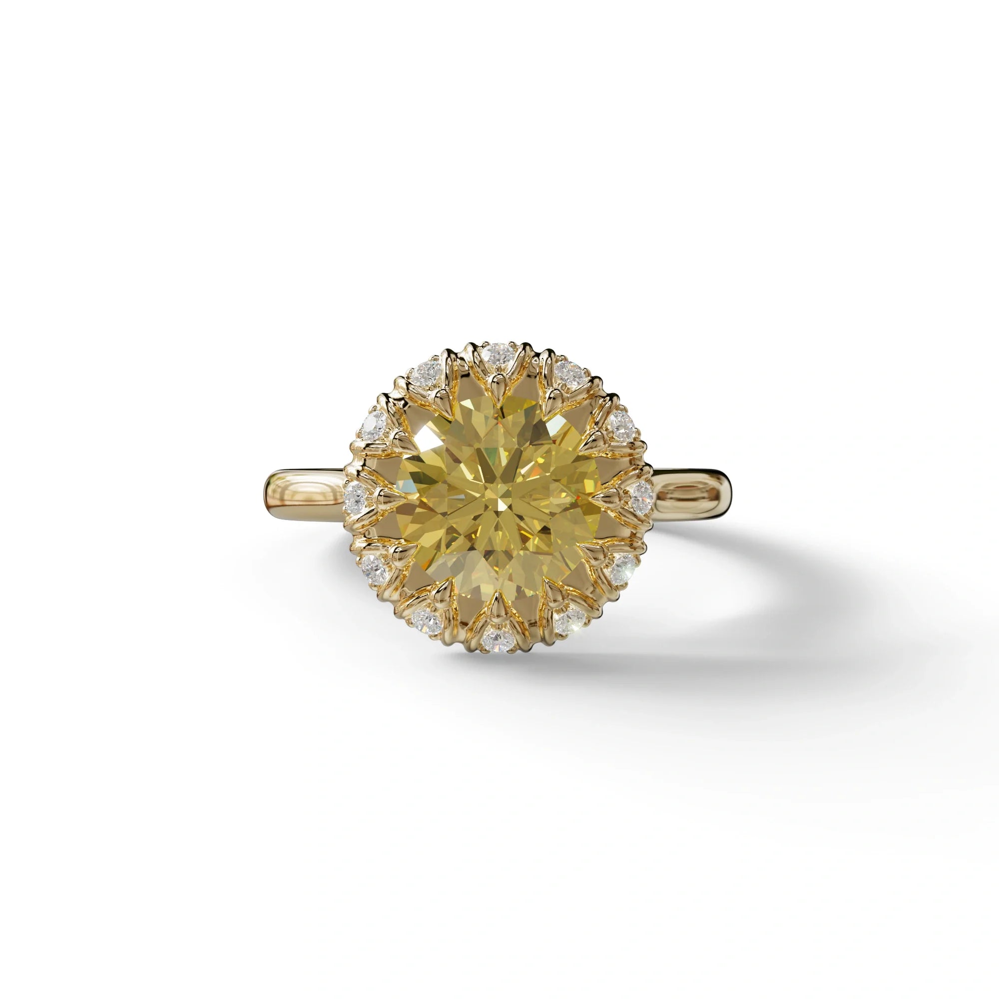 3 Carat Yellow Round Shaped Halo Lab Diamond Ring - Sunflower - 10K Solid Gold / Yellow Gold