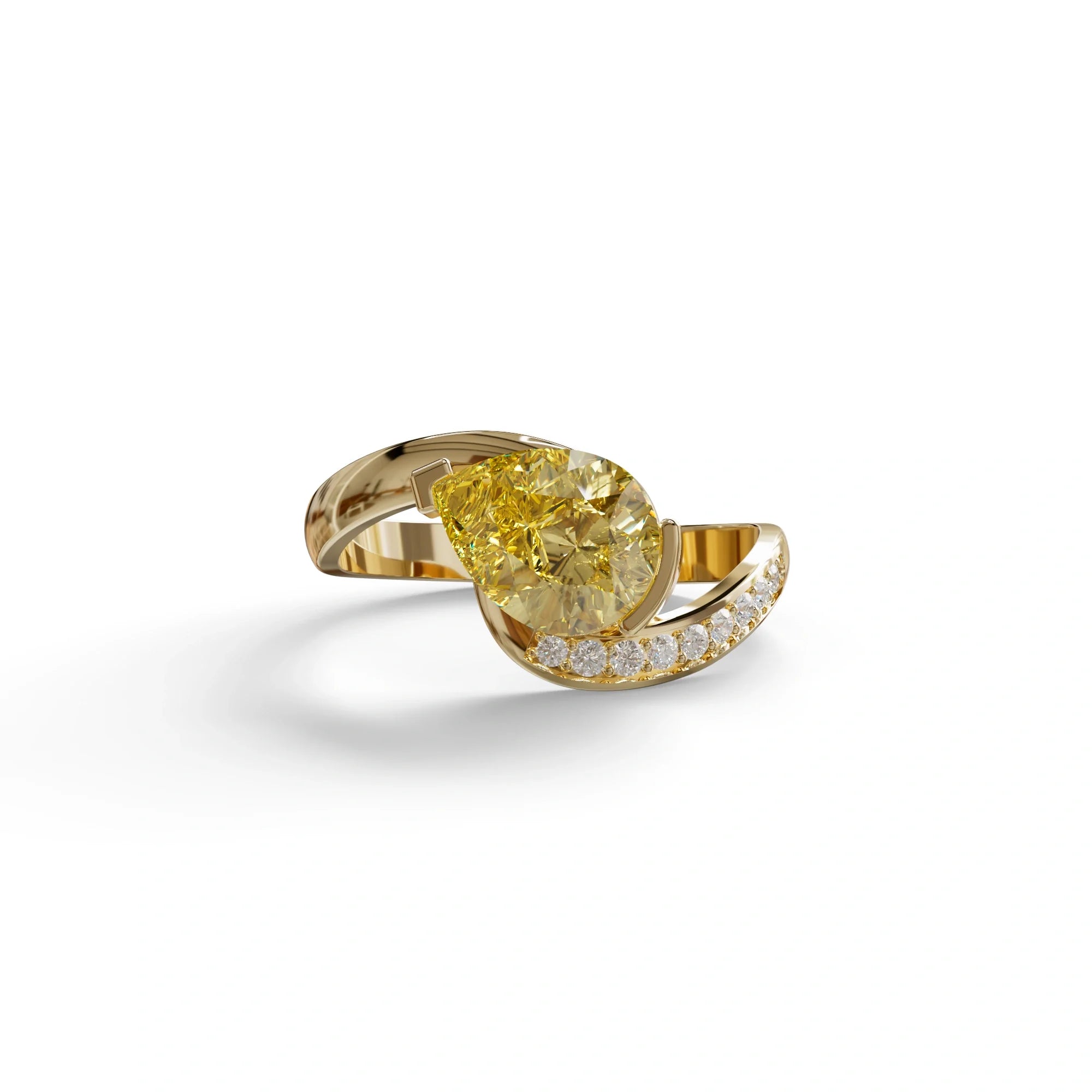 1 Carat Yellow Pear Cut Unique Lab Grown Diamond Ring - Capricorn - 10K Solid Gold / Yellow Gold