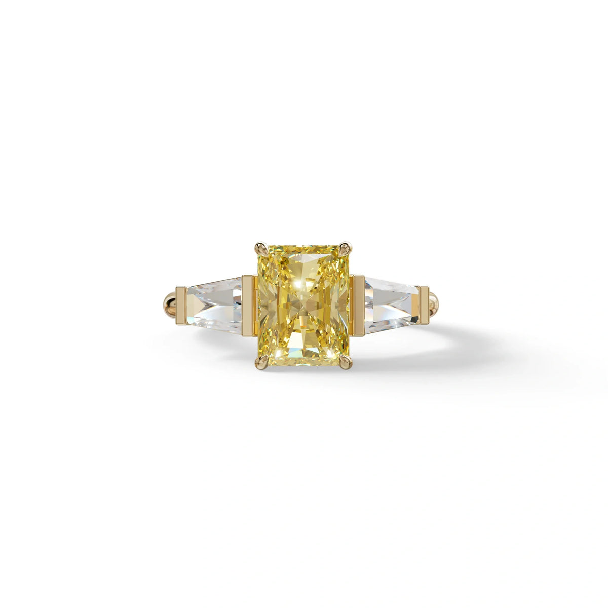 3Ct Yellow Radiant & Tapered Cut Lab Grown Diamond Three Stone Engagement Ring - Yana - 10K Solid Gold / Yellow Gold