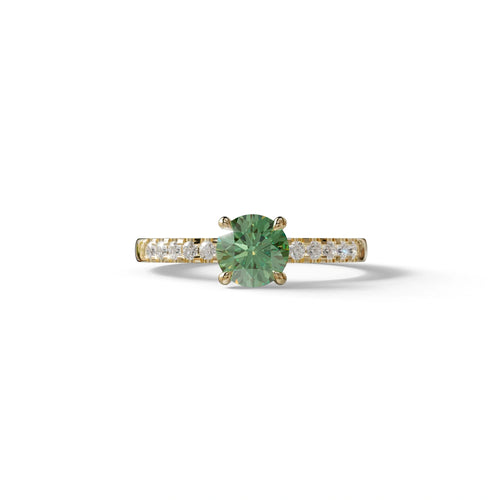 Green Round Pave Set Minimalist Engagement Ring - Nova Signature - 1.5 Carat / 10K Solid Gold / Yellow Gold