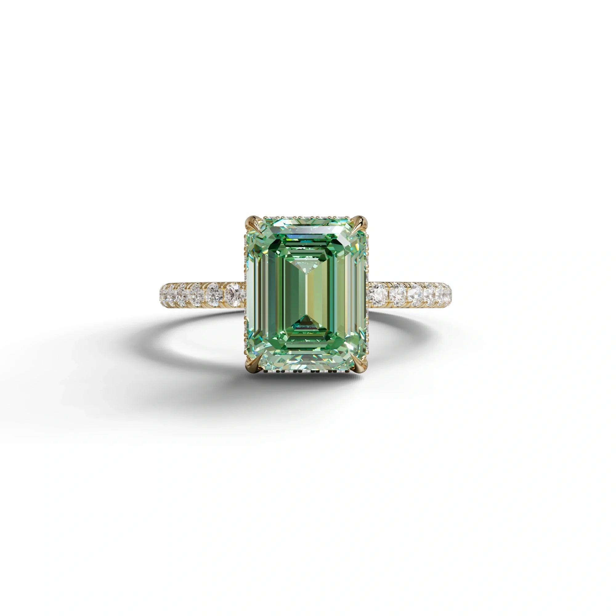 3 Carat Green Emerald Cut Lab Diamond In Hidden Halo & Pave Setting Ring - 10K Solid Gold / Yellow Gold