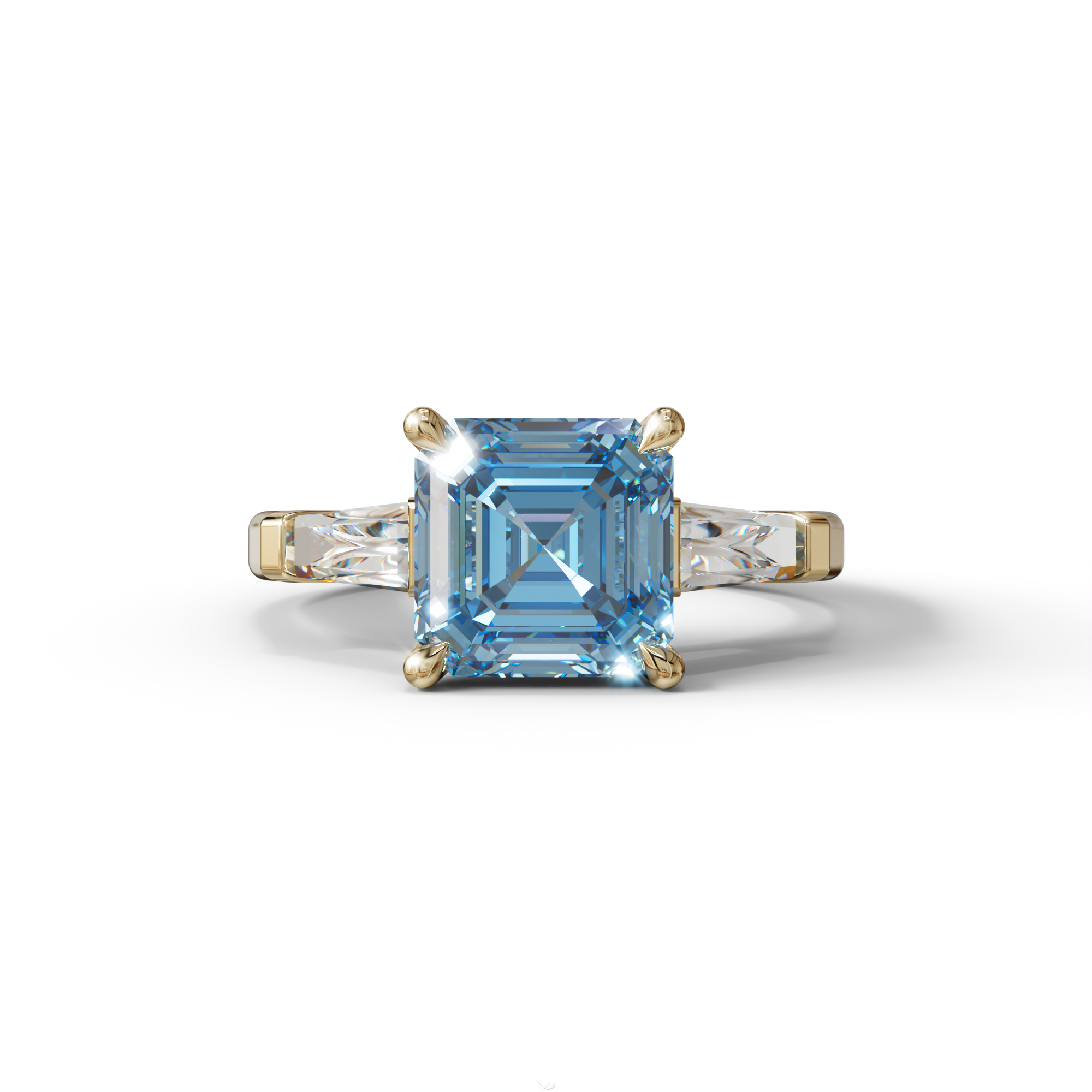 3 Carat Blue Asscher & Baguette Cut Multi Stone Lab Diamond Ring - Brillante - 10K Solid Gold / Yellow Gold