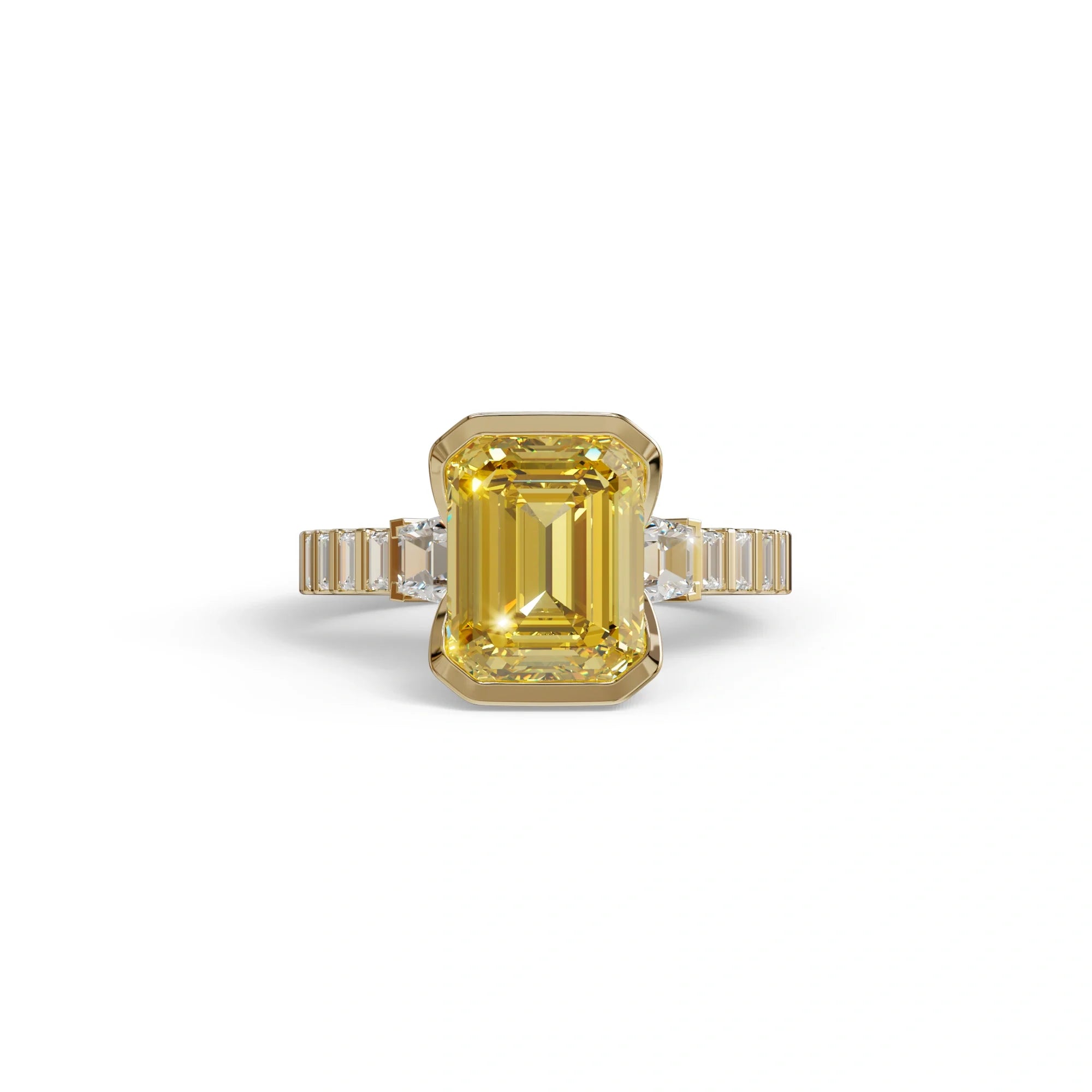 3 Carat Yellow Emerald Cut Three Stone Lab Diamond Engagement Ring - Gatsby - 10K Solid Gold / Yellow Gold