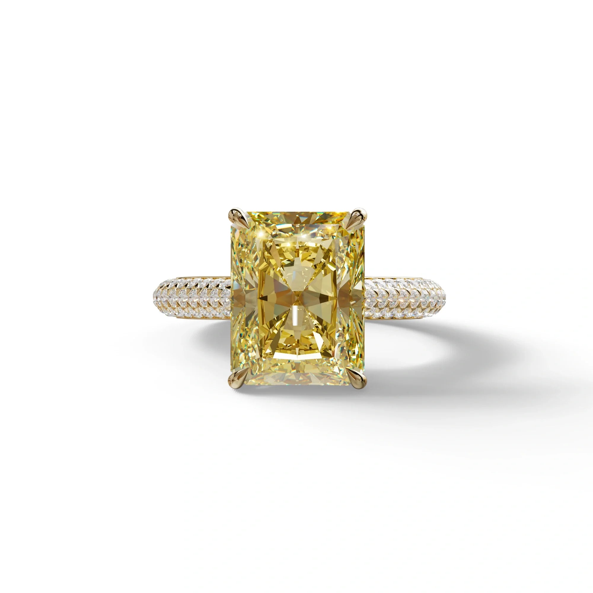 3 Carat Yellow Radiant Cut Hidden Halo & Pave Set Lab Diamond Ring - Riviera - 10K Solid Gold / Yellow Gold
