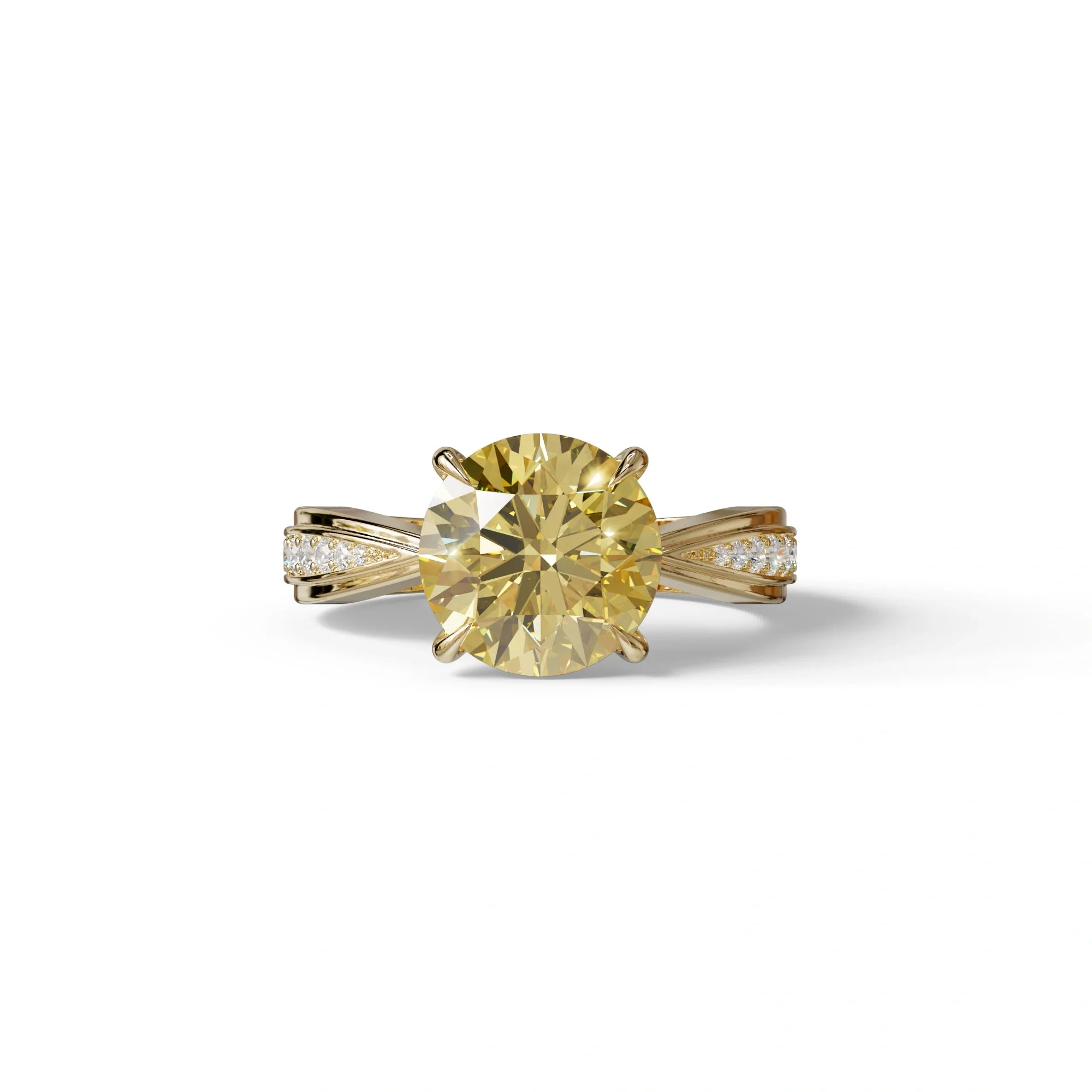 3 Carat Yellow Round Cut V-Shank Pave Setting Lab Grown Diamond Ring - Je t’adore - 10K Solid Gold / Yellow Gold