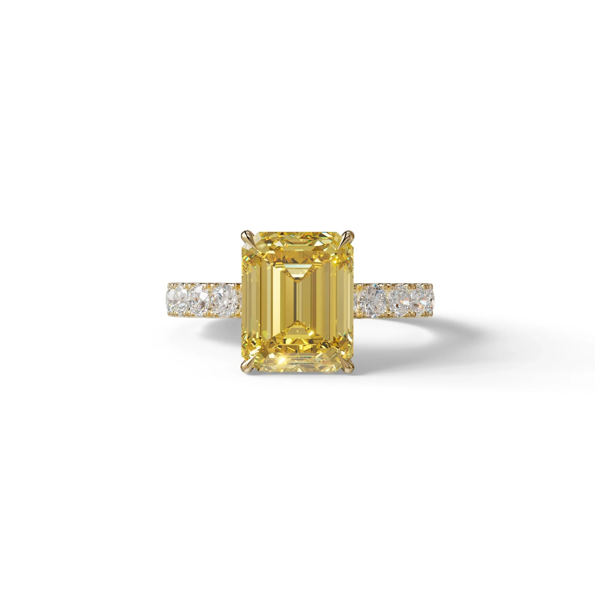 3 Carat Yellow Emerald Cut Hidden Halo Lab Diamond Engagement Ring - Luminary - 10K Solid Gold / Yellow Gold