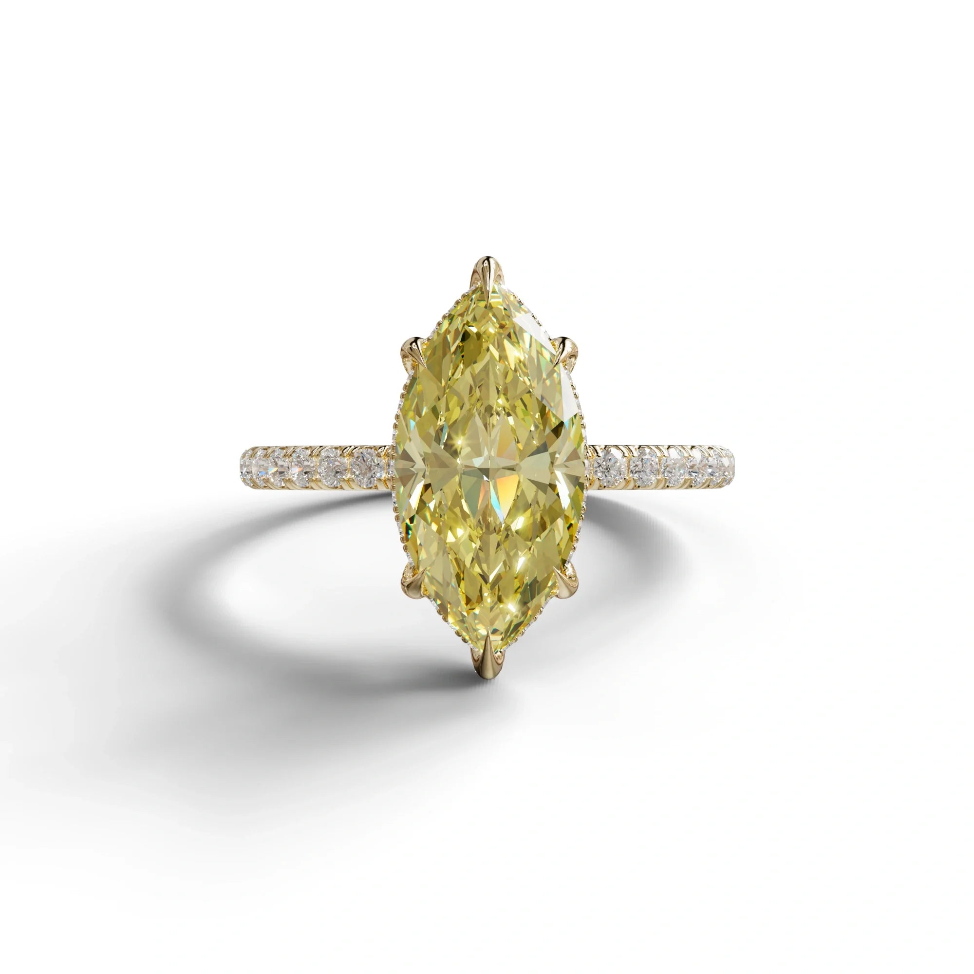 3 Carat Yellow Marquise Cut Lab Diamond In Hidden Halo & Pave Setting Ring - 10K Solid Gold / Yellow Gold