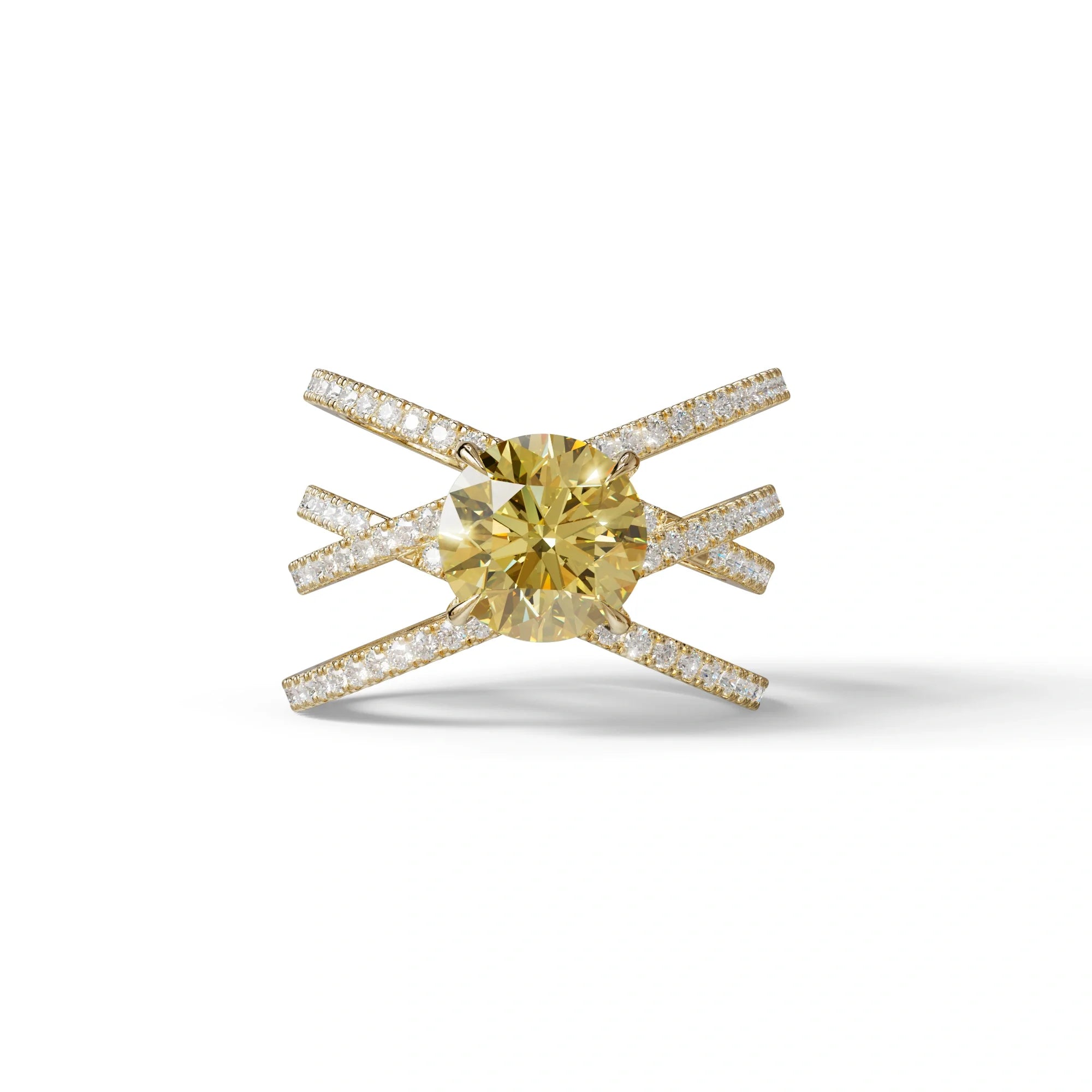 1.5 Carat Yellow Round Cut Criss Cross Lab Diamond Ring - Elegant - 10K Solid Gold / Yellow Gold