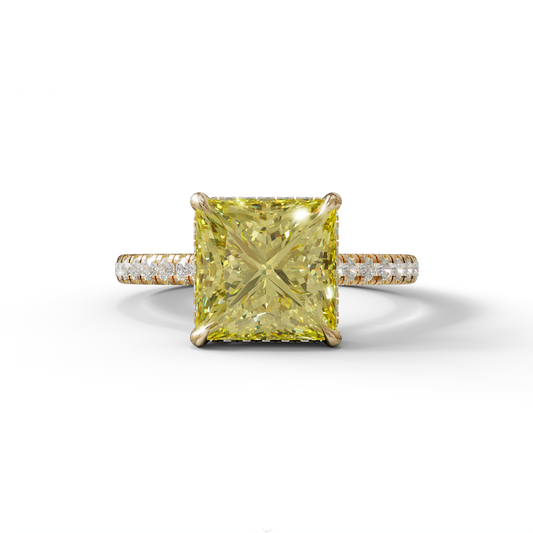 3 Carat Yellow Square‑Cut Center Stone Engagement Ring – Hidden Halo & Pavé Design
