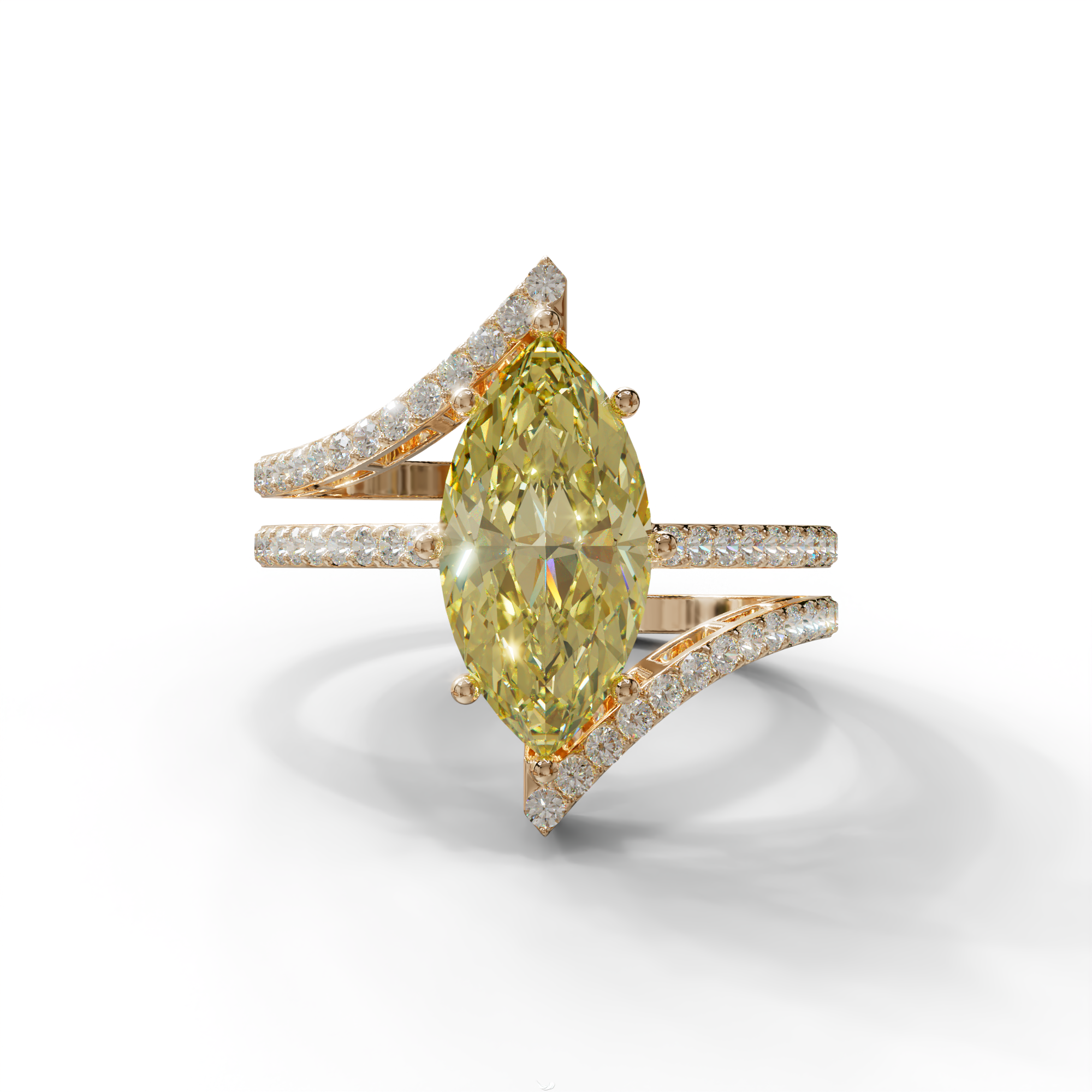 3 Carat Marquise Cut Yellow Lab Diamond Ring with Double Pave Setting - 10K Solid Gold / Rose Gold