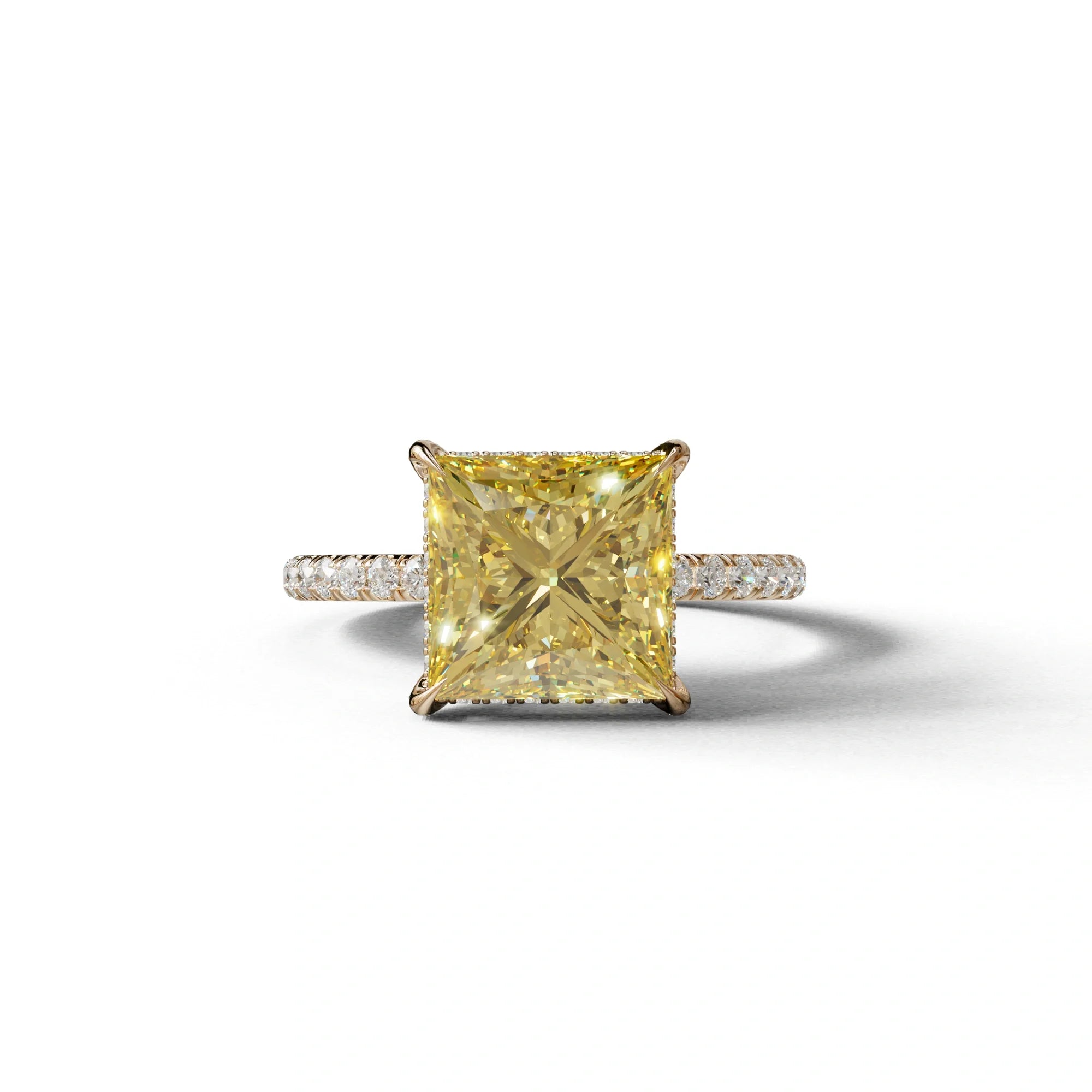 3 Carat Yellow Princess Cut Hidden Halo & Pave Lab Diamond Ring - 10K Solid Gold / Rose Gold