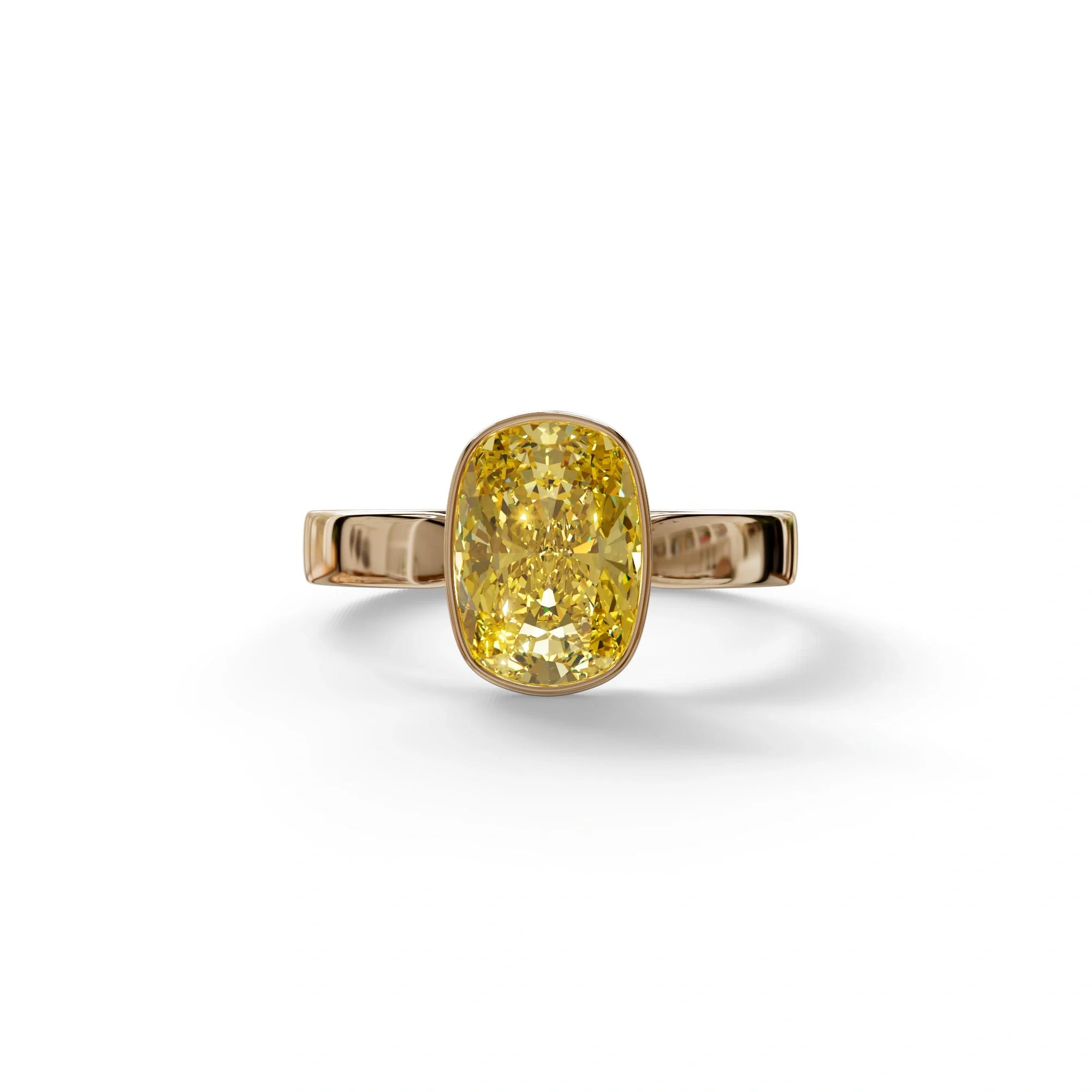 3 Carat Yellow Elongated Cushion Cut Bezel Set Engagement Ring - Astrae - 10K Solid Gold / Rose Gold