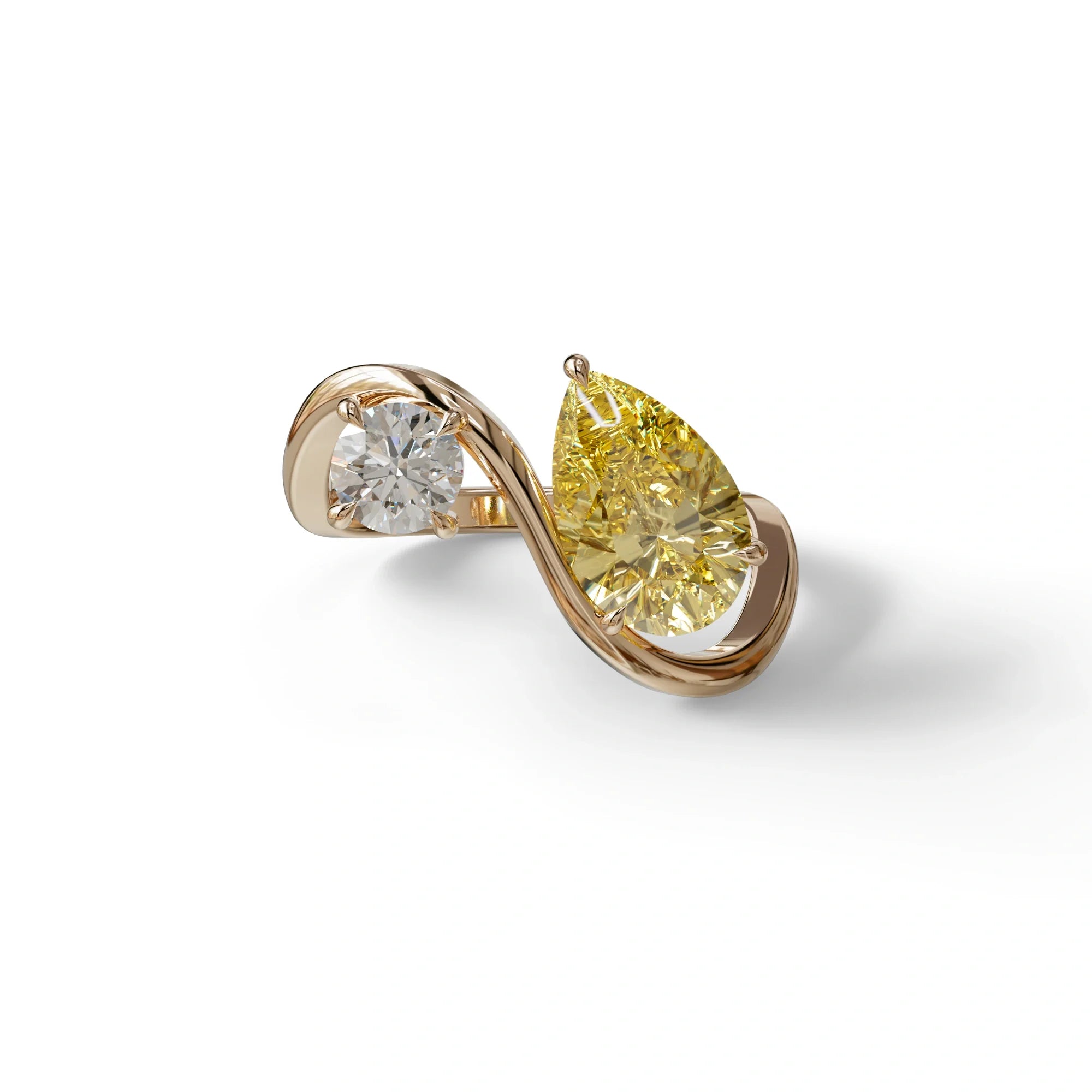 2.8 Carat Yellow Pear and Round Cut Lab Diamond Engagement Ring - Toi Et Moi - 10K Solid Gold / Rose Gold