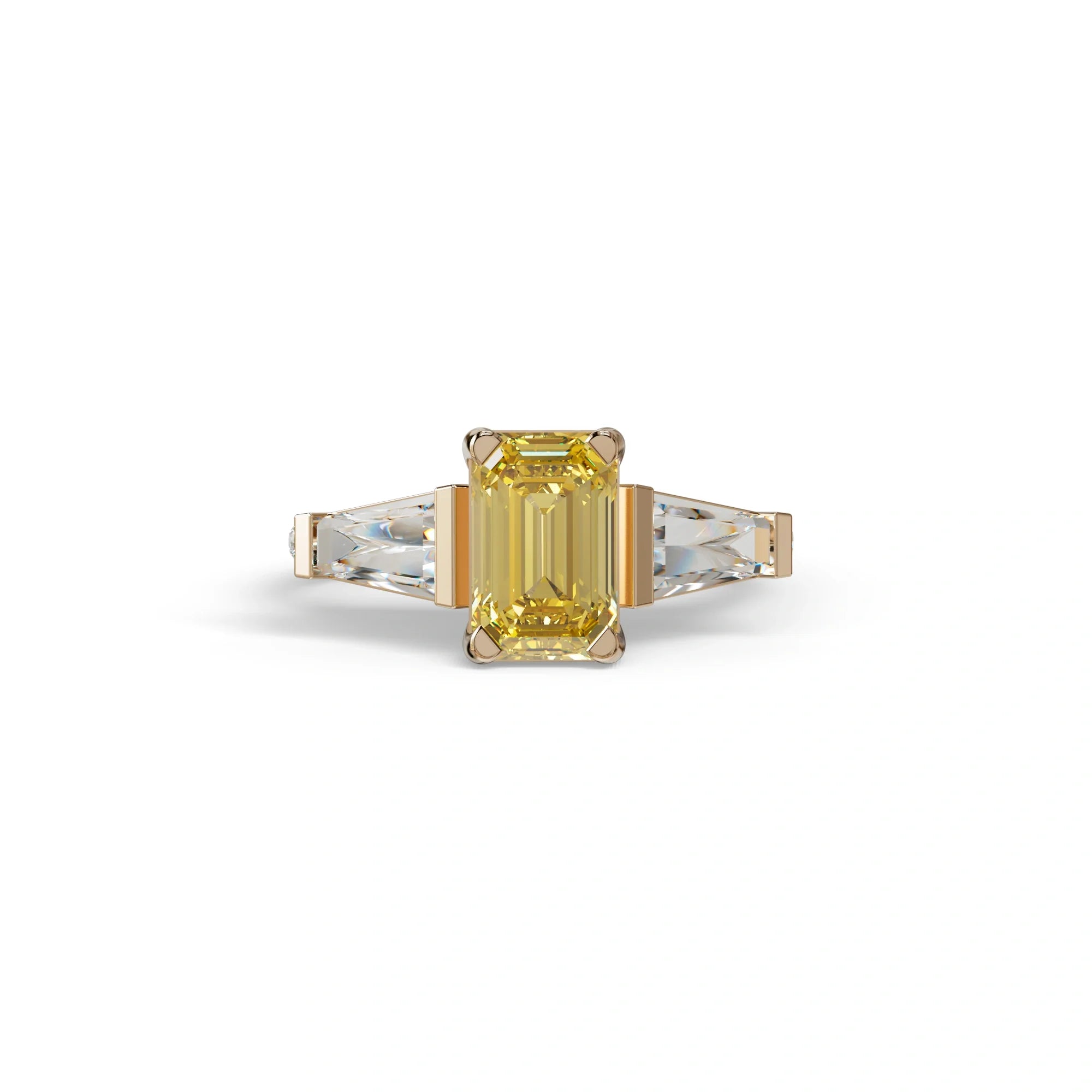 1.50 Carat Yellow Emerald with Tapered Cut Lab Grown Diamond Ring - Libra - 10K Solid Gold / Rose Gold