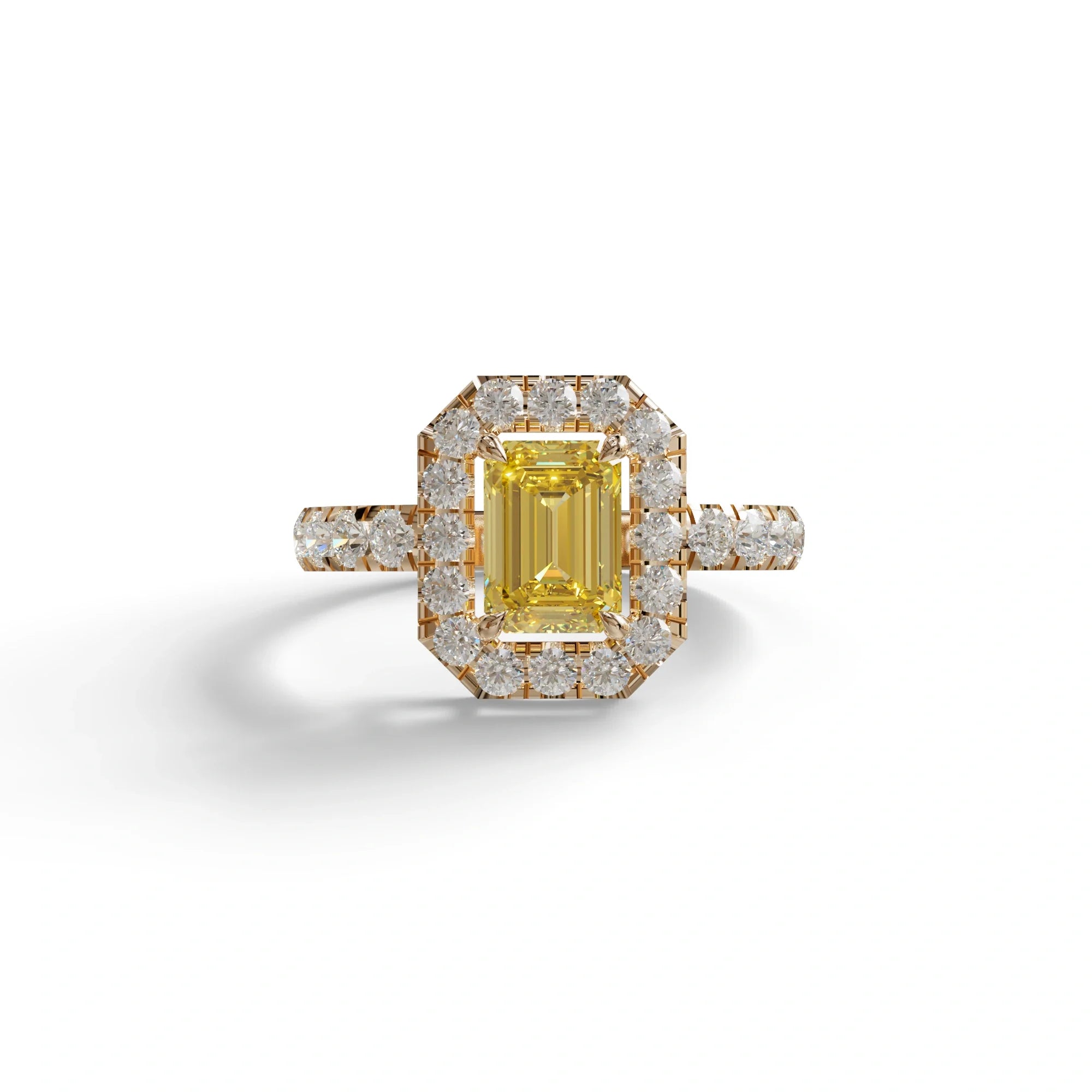 1 Carat Fancy Yellow Emerald Cut Lab Diamond Halo Engagement Ring - Freesia - 10K Solid Gold / Rose Gold