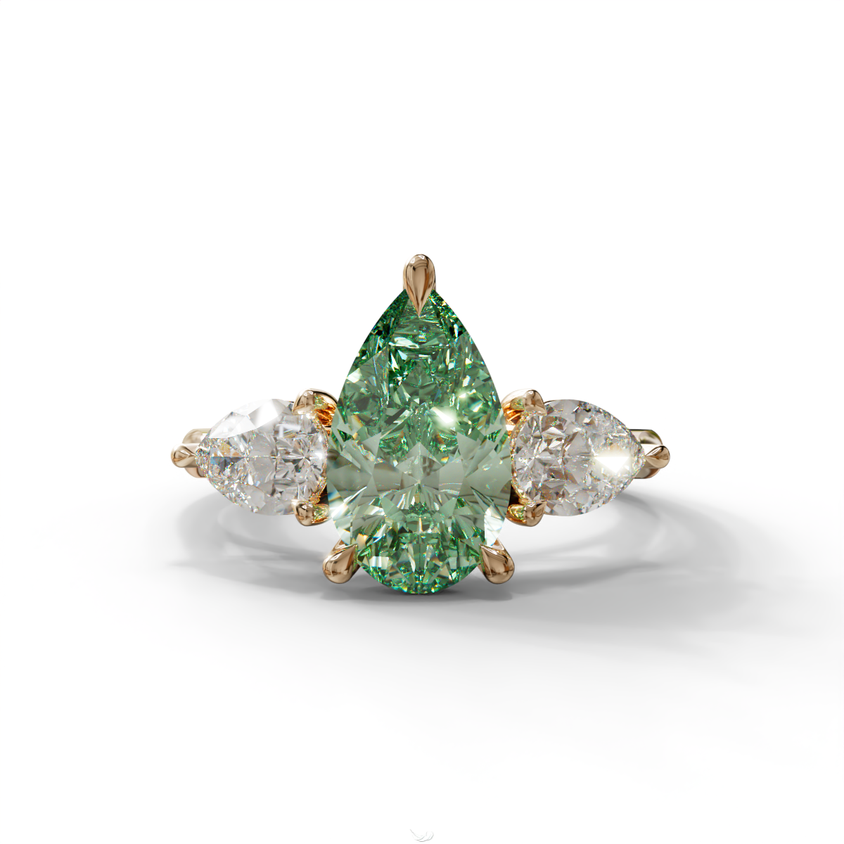 4 Carat Fancy Green Pear Cut Three Stone Lab Grown Diamond Engagement Ring - 10K Solid Gold / Rose Gold