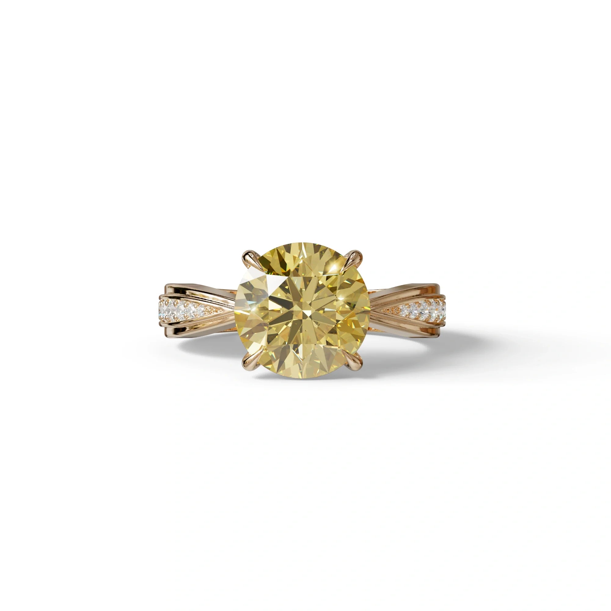 3 Carat Yellow Round Cut V-Shank Pave Setting Lab Grown Diamond Ring - Je t’adore - 10K Solid Gold / Rose Gold