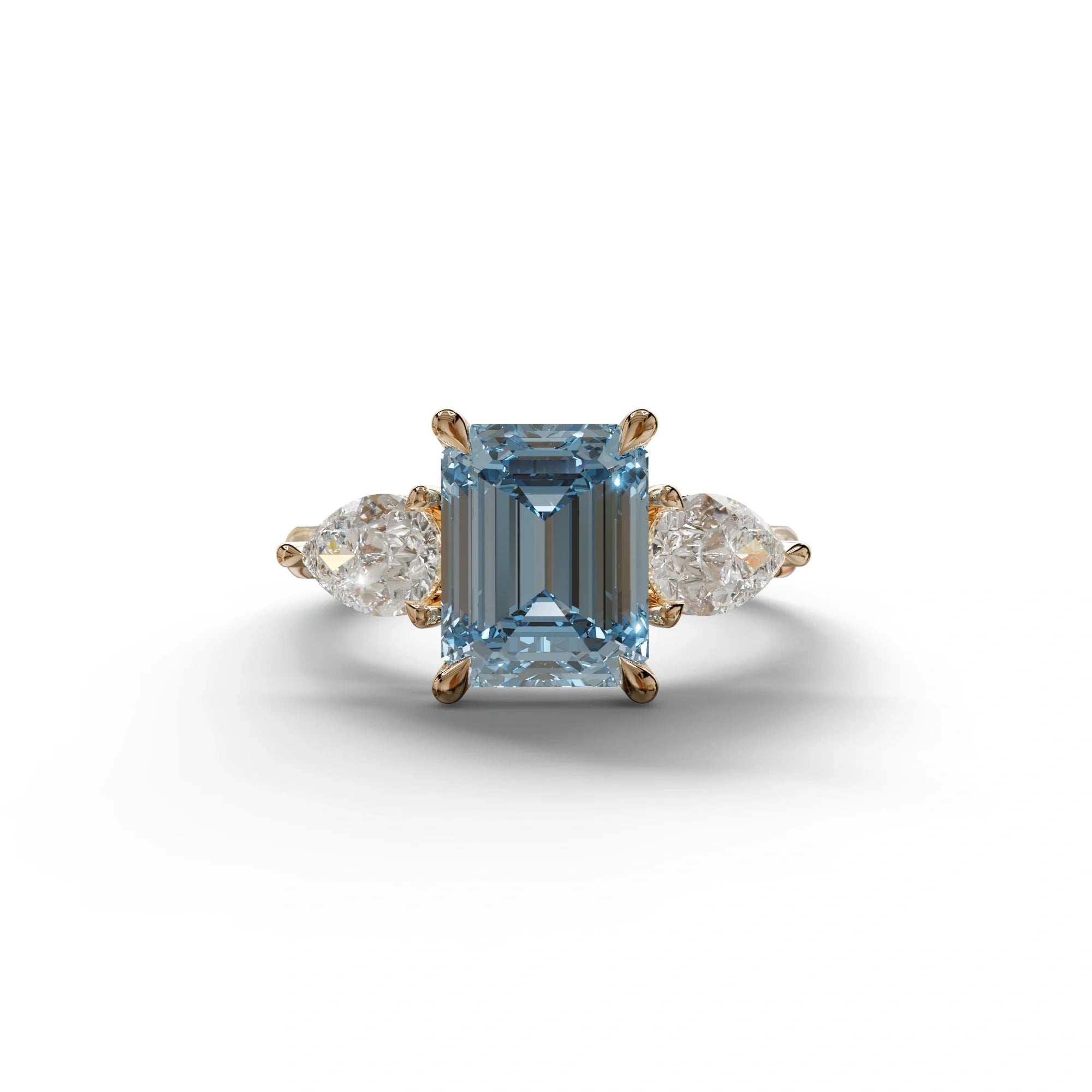 4 Carat Fancy Blue Emerald & Pear Cut Three Stone Lab Grown Diamond Engagement Ring - 10K Solid Gold / Rose Gold