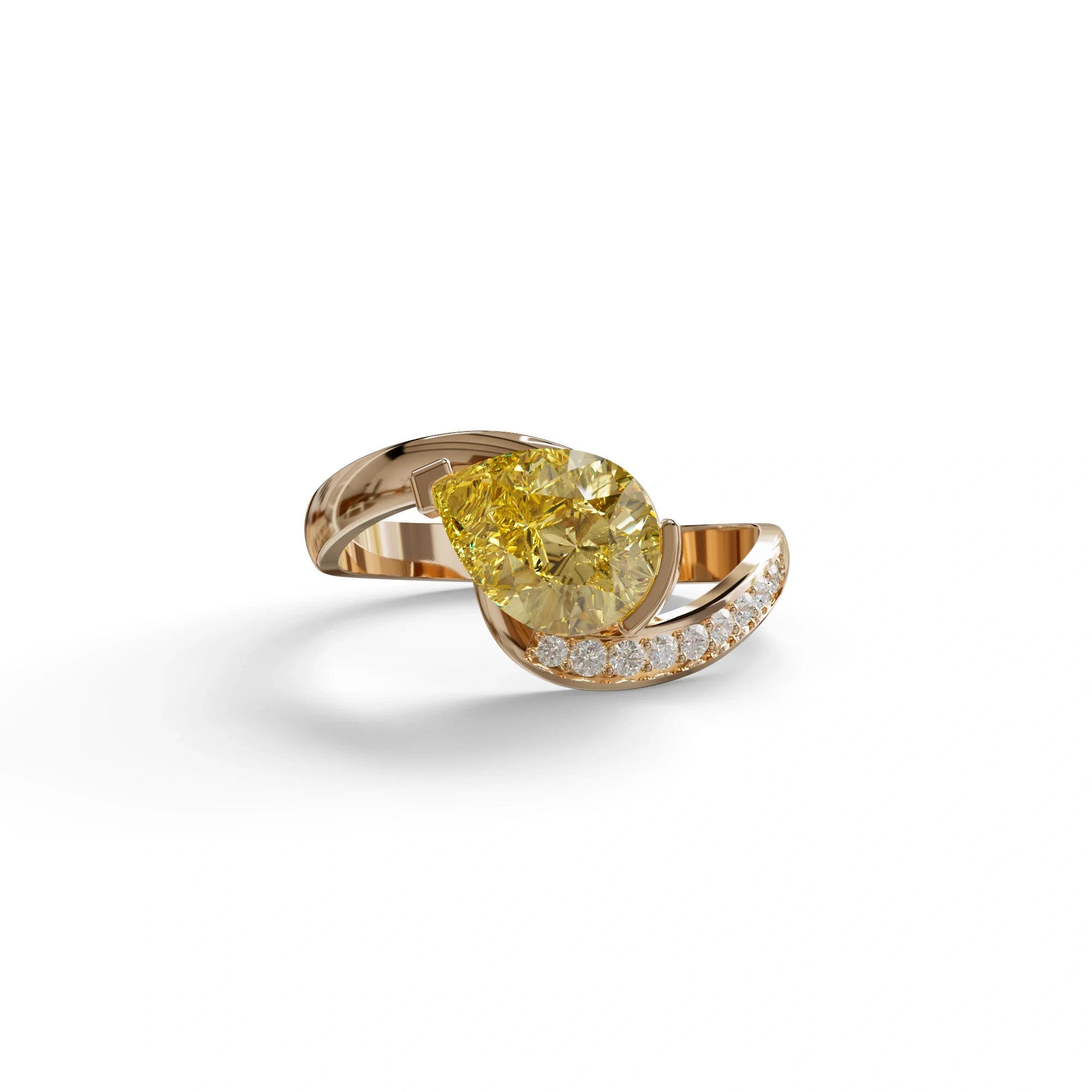 1 Carat Yellow Pear Cut Unique Lab Grown Diamond Ring - Capricorn - 10K Solid Gold / Rose Gold