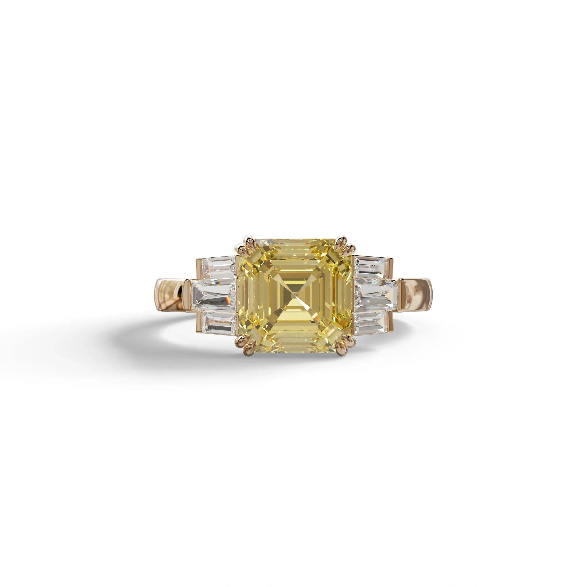 3 Ct Yellow Asscher Cut Lab Diamond Double Claw Prong Setting Ring -Celestial - 10K Solid Gold / Rose Gold