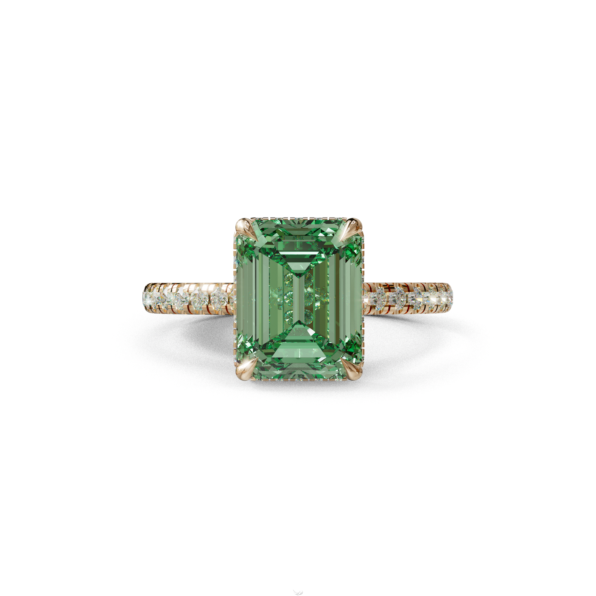 2.5 Ct Green Emerald Cut Lab Diamond In Hidden Halo & Pave Setting Ring - Siena - 10K Solid Gold / Rose Gold