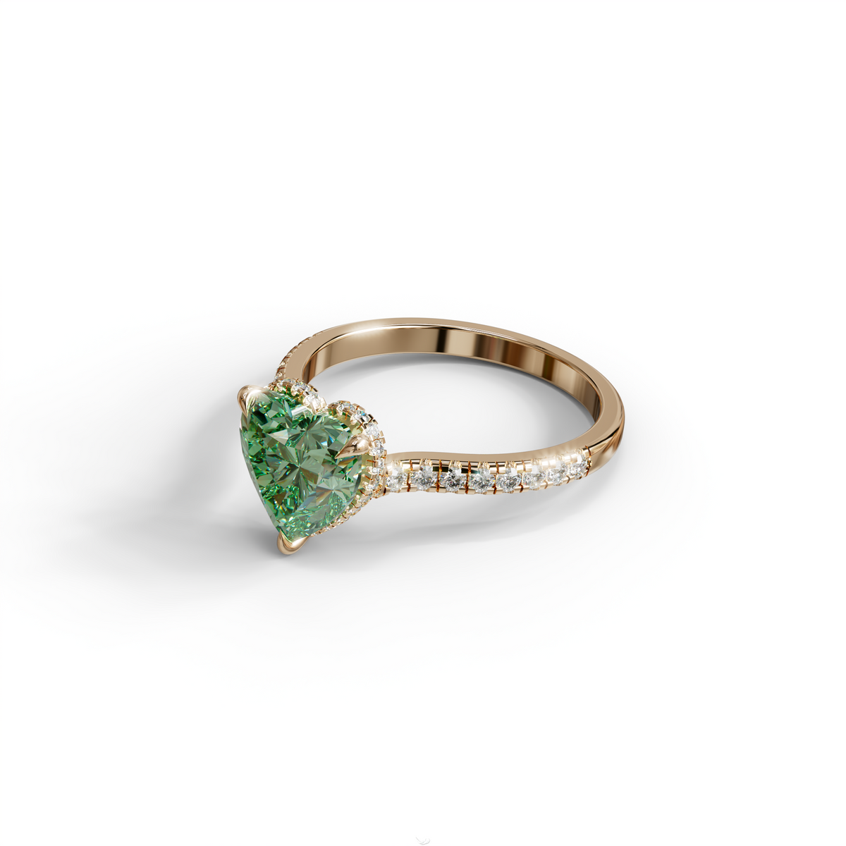 Fancy Vivid Green Heart Cut Lab Diamond Ring – Pavé Band | 10K 14K 18K Gold & Platinum
