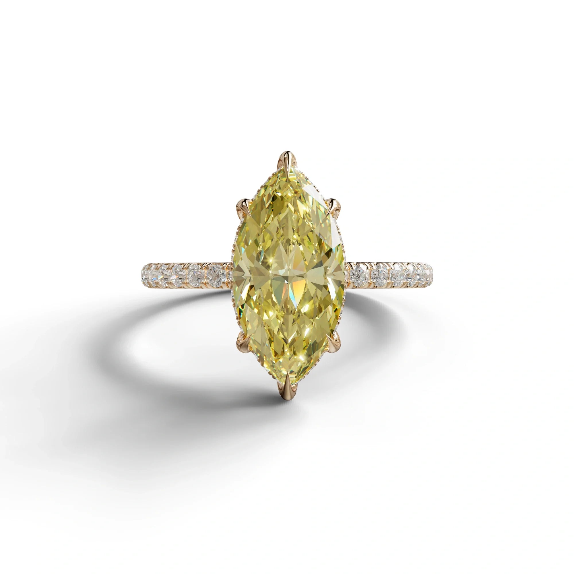 3 Carat Yellow Marquise Cut Lab Diamond In Hidden Halo & Pave Setting Ring - 10K Solid Gold / Rose Gold