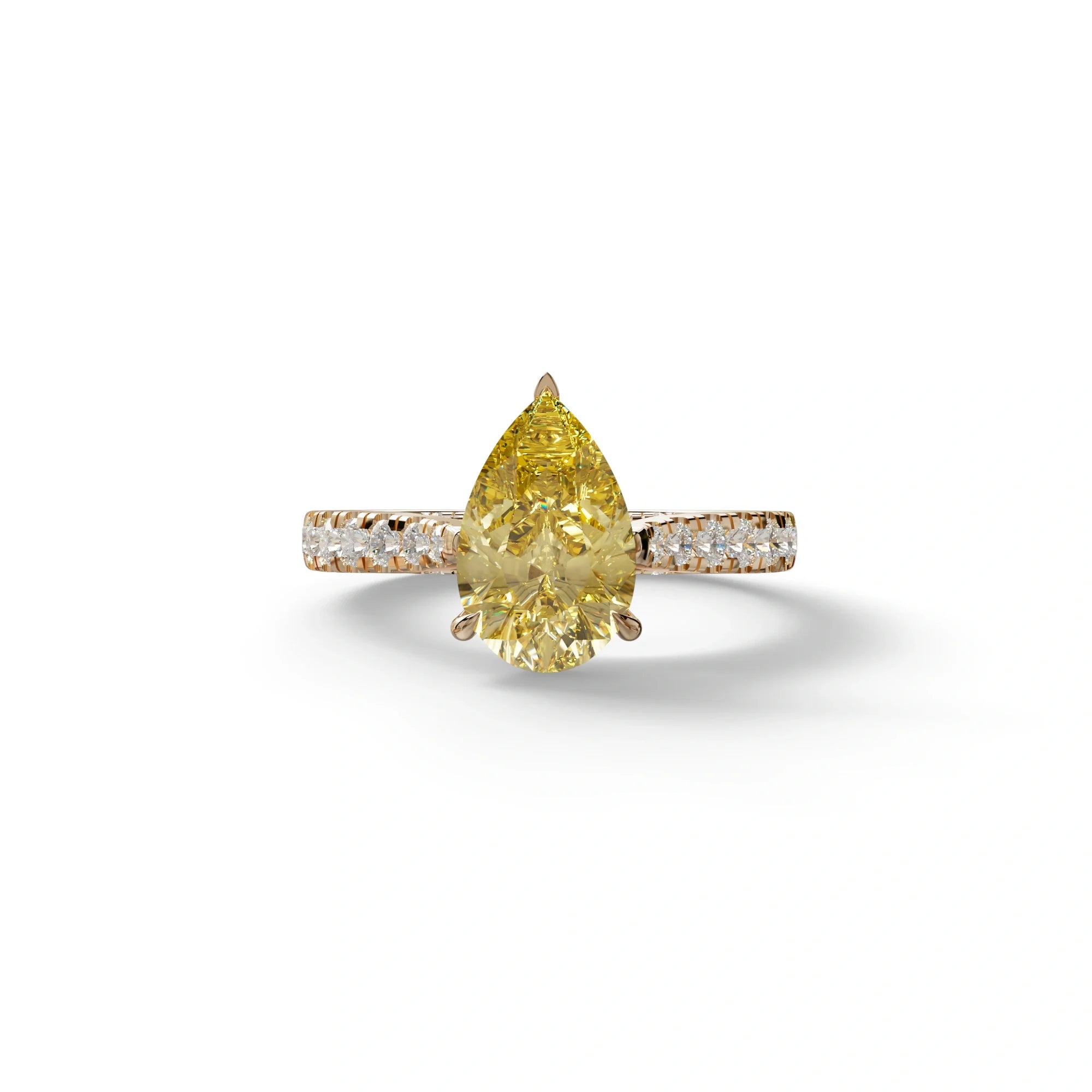 2 Carat Yellow Pear Shaped Hidden Halo Lab Diamond Engagement Ring - Teardrop - 10K Solid Gold / Rose Gold