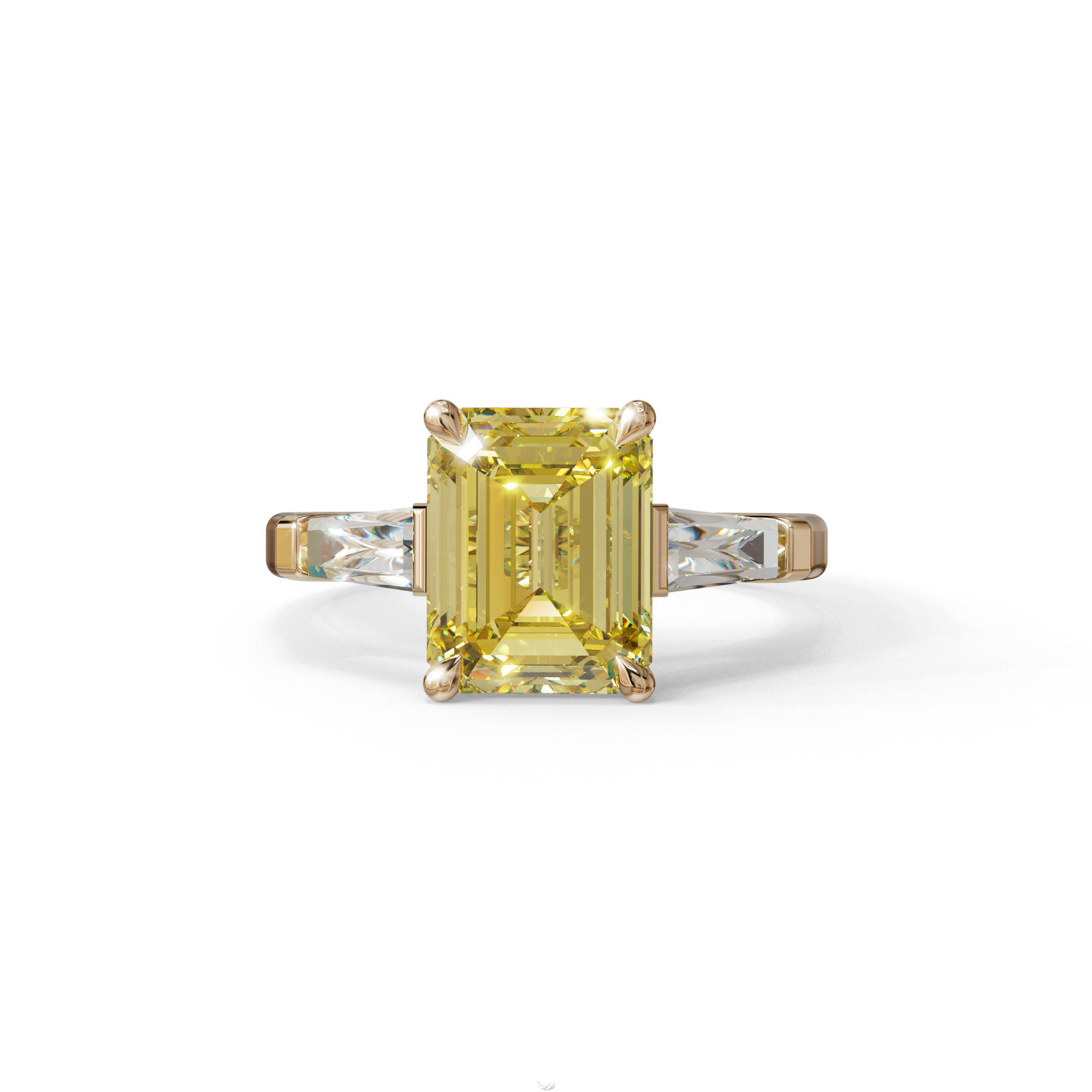 3 Carat Yellow Emerald & Tapered Baguette diamond ring - 10K Solid Gold / Rose Gold