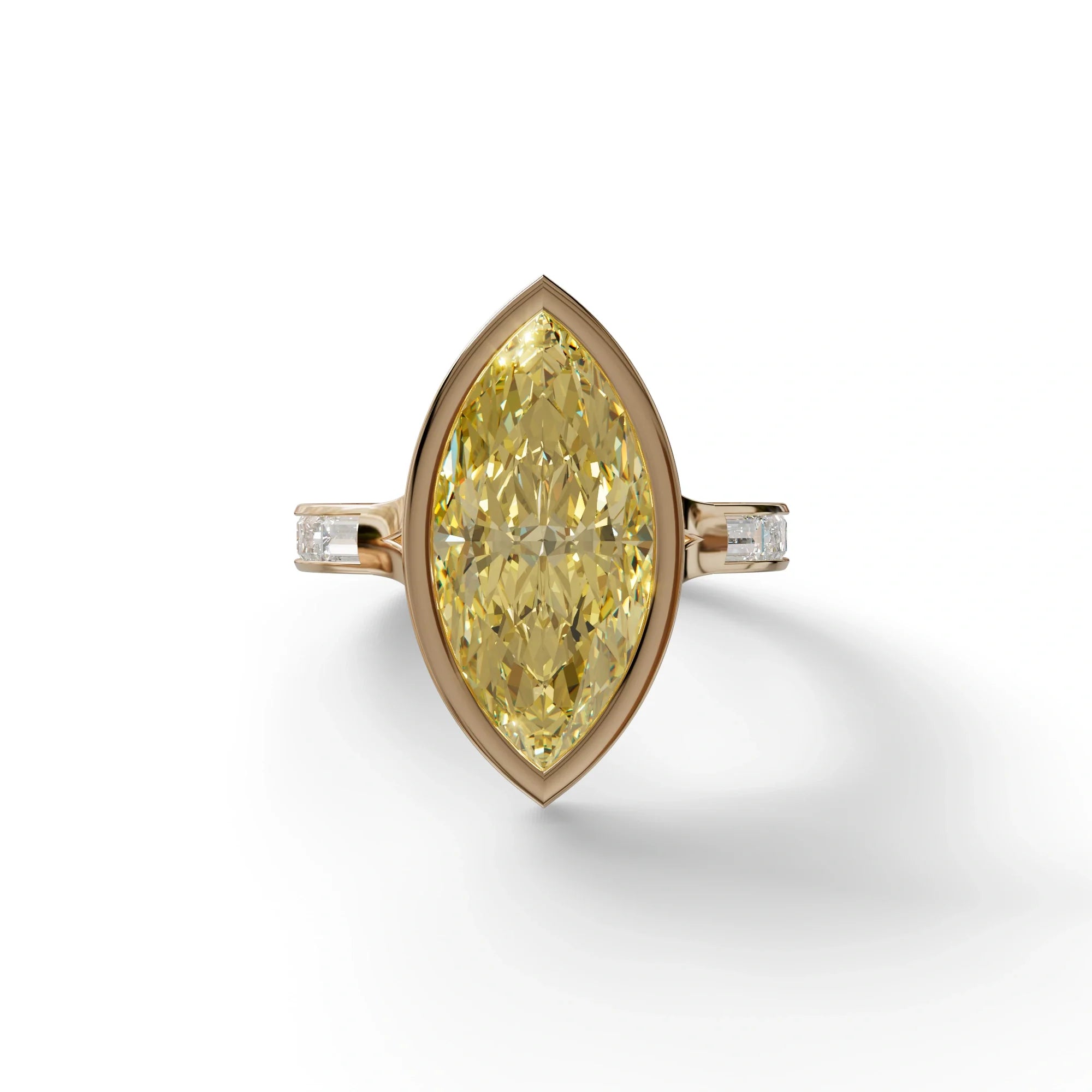 3 Ct Marquise Cut Yellow Color Lab Diamond Ring With Bezel Set - Kayla - 10K Solid Gold / Rose Gold