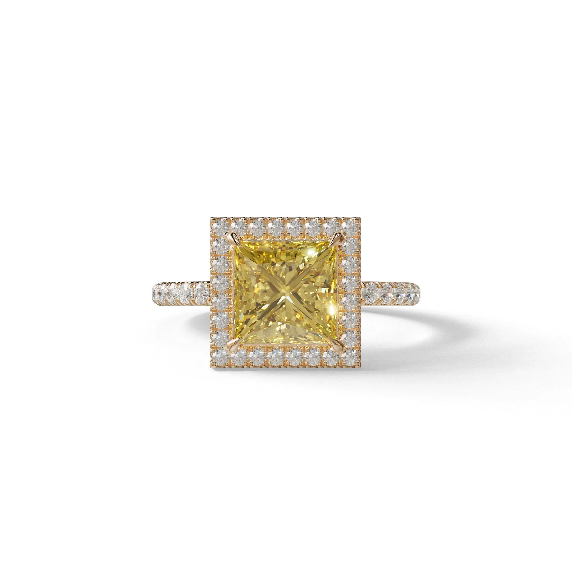 2 Carat Yellow Princess Cut Halo & Pave Lab Diamond Ring - Diamond Prime - 10K Solid Gold / Rose Gold