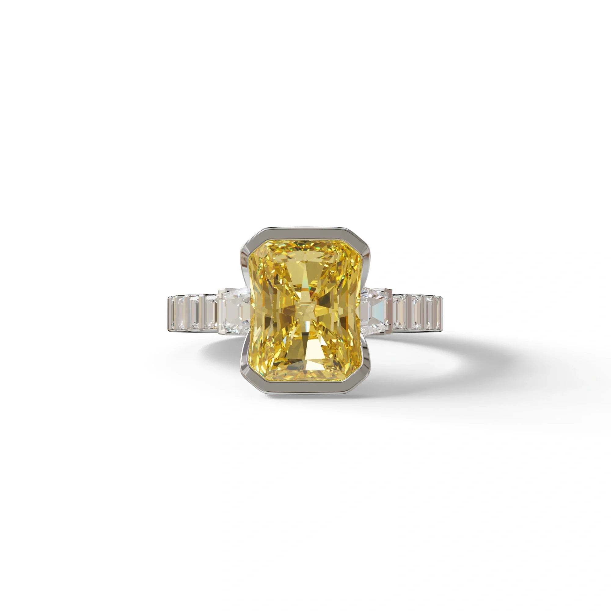 3 Carat Yellow Radiant Cut Three Stone Lab Diamond Engagement Ring - Adiamor - 10K Solid Gold / White Gold
